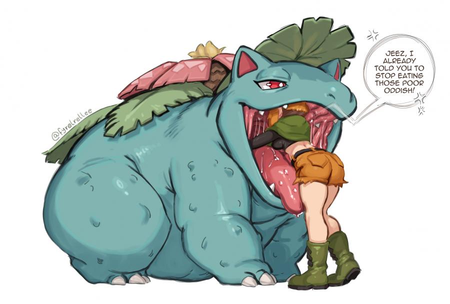 fyrelrellee, gardenia (pokemon), giant tongue, head in mouth, impending vore, pokemon, pokemon (species), scalie, venusaur, vore