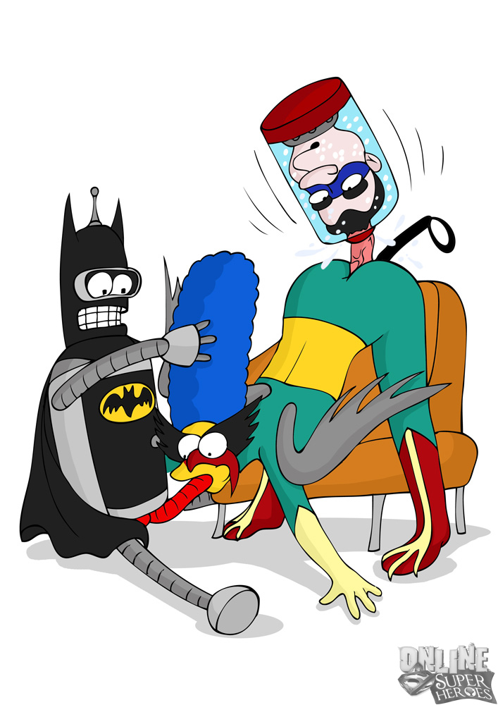 batman_(cosplay) bender_bending_rodriguez breasts crossover female futurama human male marge_simpson online_superheroes richard_nixon robot straight the_simpsons