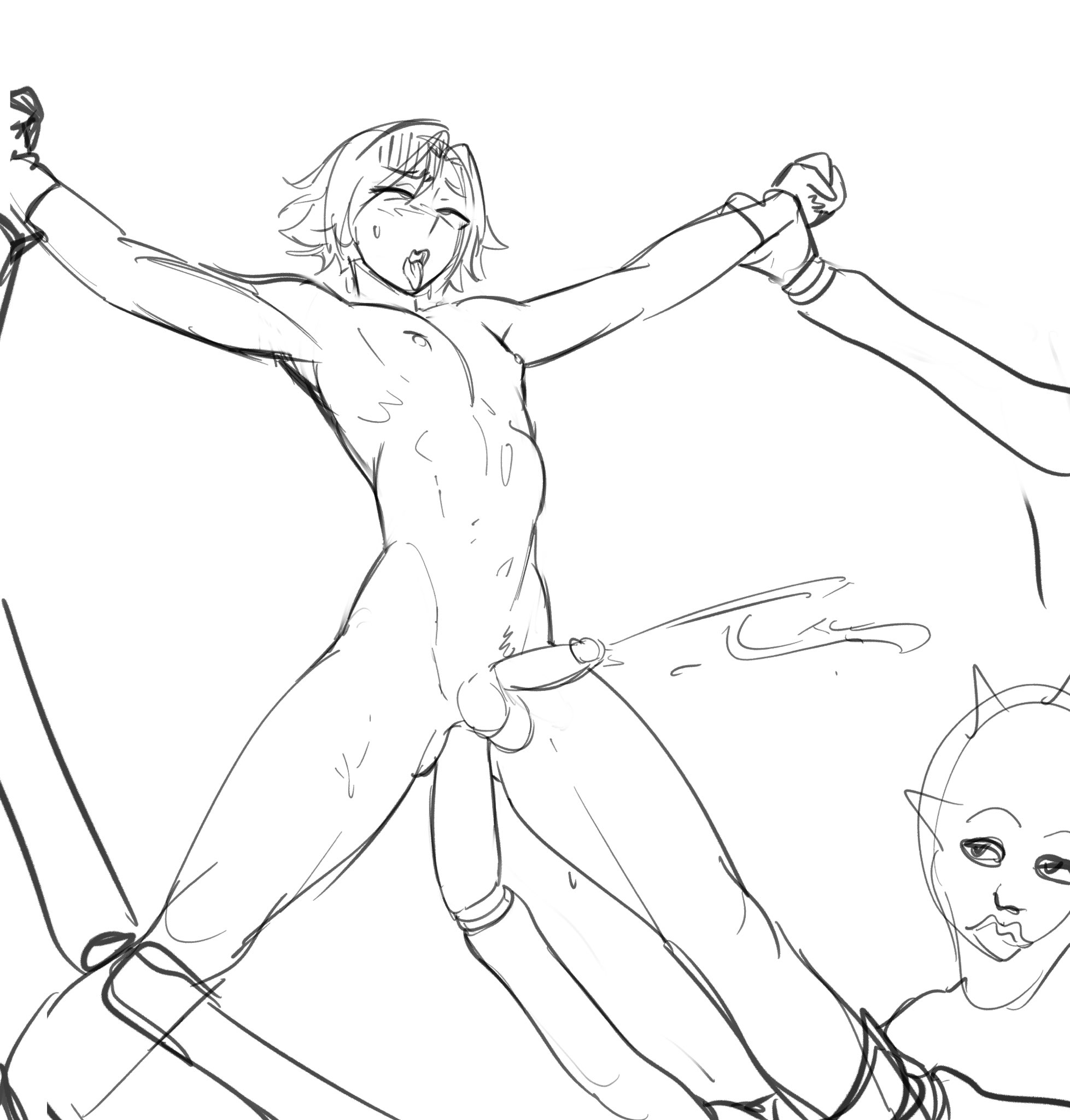 1boy, 1monster, ahe gao, anal, anal sex, arms up, blush, cahara, completely nude, cum, ejaculation, erection, fear and hunger, fisting, harvestman, looking pleasured, male, male only, mokotoko9, monochrome, monster, multi limb, nude, penis, rape, restrained, rolled up sleeves, sketch, solo focus, spread legs, stomach bulge, suspension, toned, uncensored