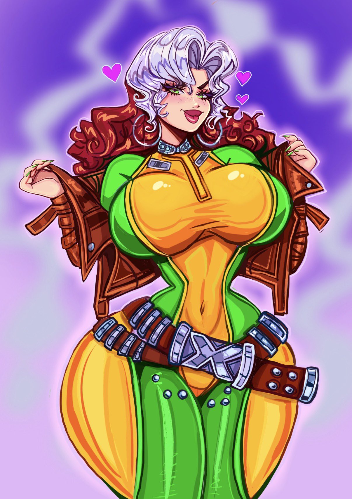 1girls, belt, big breasts, breasts, busty, busty female, curvy, curvy figure, green eyes, heart, hoop earrings, jacket, large breasts, marvel, marvel comics, marvel rivals, multicolored hair, rogue (marvel rivals), rogue (x-men), solo, theartofmathew, thick thighs, thighs, x-men