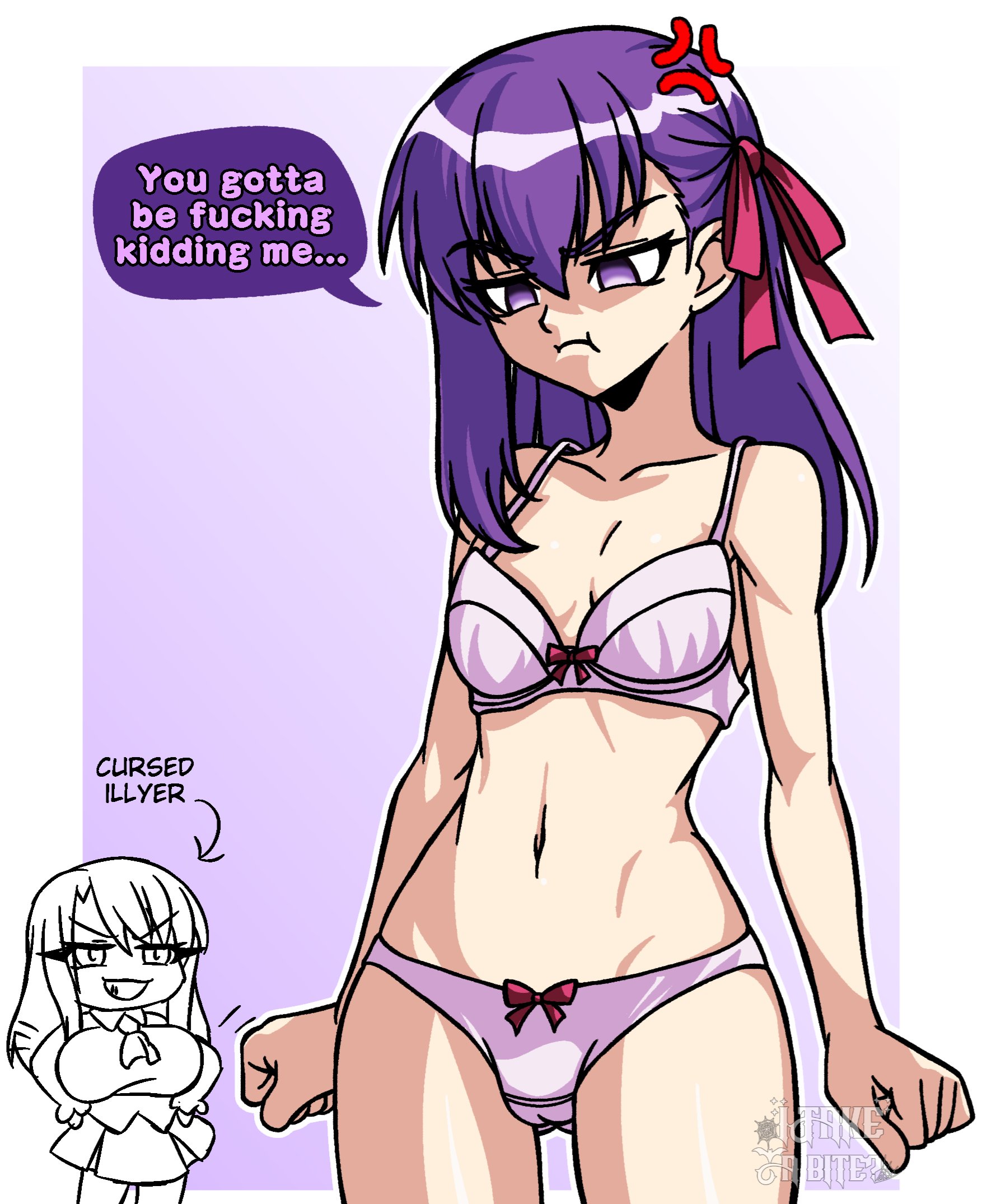 2girls, alternate breast size, angry, attribute theft, bra, breast reduction, breast shrinking, curse, cursing, fate (series), fate/stay night, female, female only, illyasviel von einzbern, itakeabite, long hair, magic, matou sakura, navel, panties, pout, profanity, purple eyes, purple hair, pussy bulge, red ribbon, ribbon, small breasts, type-moon, underwear