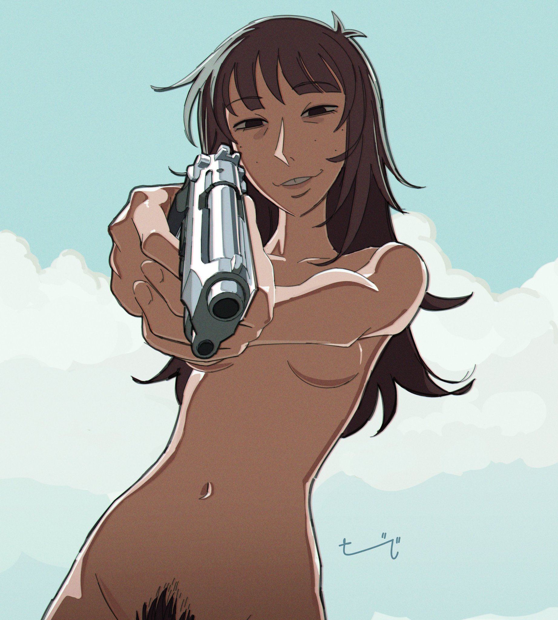1girls, breasts, bush, female, gun, hitsujigoods, kara eklund (hitsujigoods), neet girl date night, nude, pubic hair, tagme