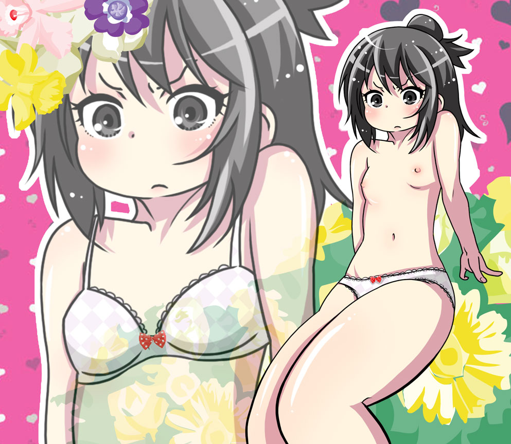 1girls black_hair bra breasts clothing female flat_chest hitoha_marui legs_together matching_underwear mitsudo_moe nipples panties white_bra white_panties