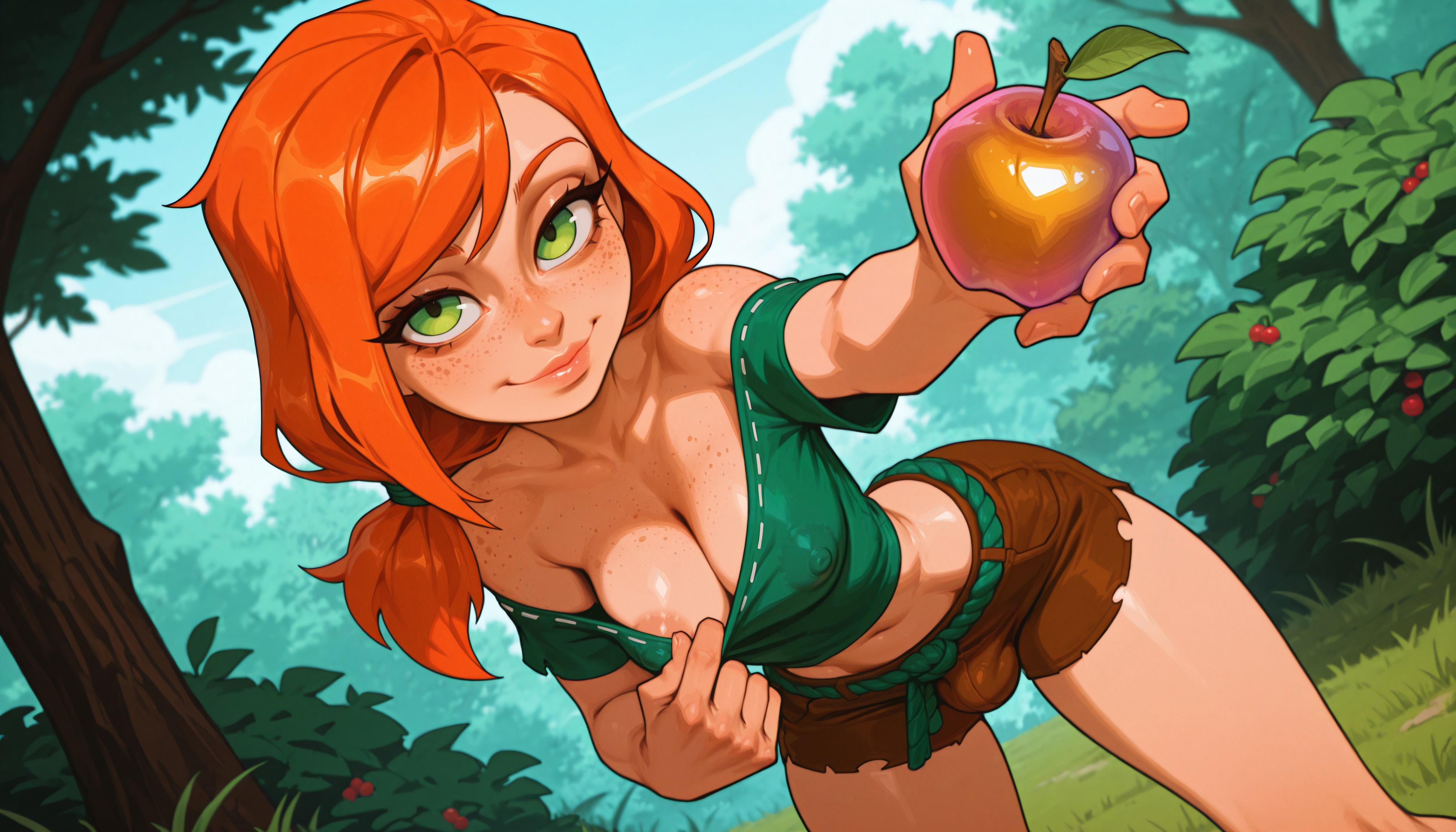 1futa, 4k, absurd res, ai generated, ai slop, alex (minecraft), apple, areola slip, areolae, bangs, bare shoulders, belt, blue sky, blush, body freckles, breasts, brown shorts, bulge, bush, bushes, clavicle, cleavage, cleavage reach, closed mouth, clothes pull, clothing, cloud, collarbone, covered erect nipples, covered nipples, crop top, day, dickgirl, downblouse, dutch angle, erect nipples under clothes, food, forest, freckles, freckles on body, freckles on breasts, freckles on face, freckles on shoulder, freckles on shoulders, fruit, futanari, genderswap (ftm), giving food, golden apple, grass, green eyes, green shirt, hi res, high resolution, highres, holding, holding food, holding fruit, holding object, illustrious (stable diffusion), intersex, jaja ai, landscape, leaning forward, legs apart, lips, long hair, looking at viewer, low ponytail, medium breasts, midriff, minecraft, nature, navel, no bra, nose, off shoulder, off-shoulder shirt, orange hair, outdoors, plant, ponytail, puffy nipples, pulled by self, ribbon-trimmed shirt, rope belt, rule 63, self upload, shiny, shiny skin, shirt, shirt pull, short shorts, short sleeves, shorts, sky, small penis, smile, smirk, solo, stable diffusion, swept bangs, tied hair, torn clothes, torn shirt, torn shorts, tree, uncensored, very high resolution, wai-nsfw-illustrious-sdxl, wallpaper