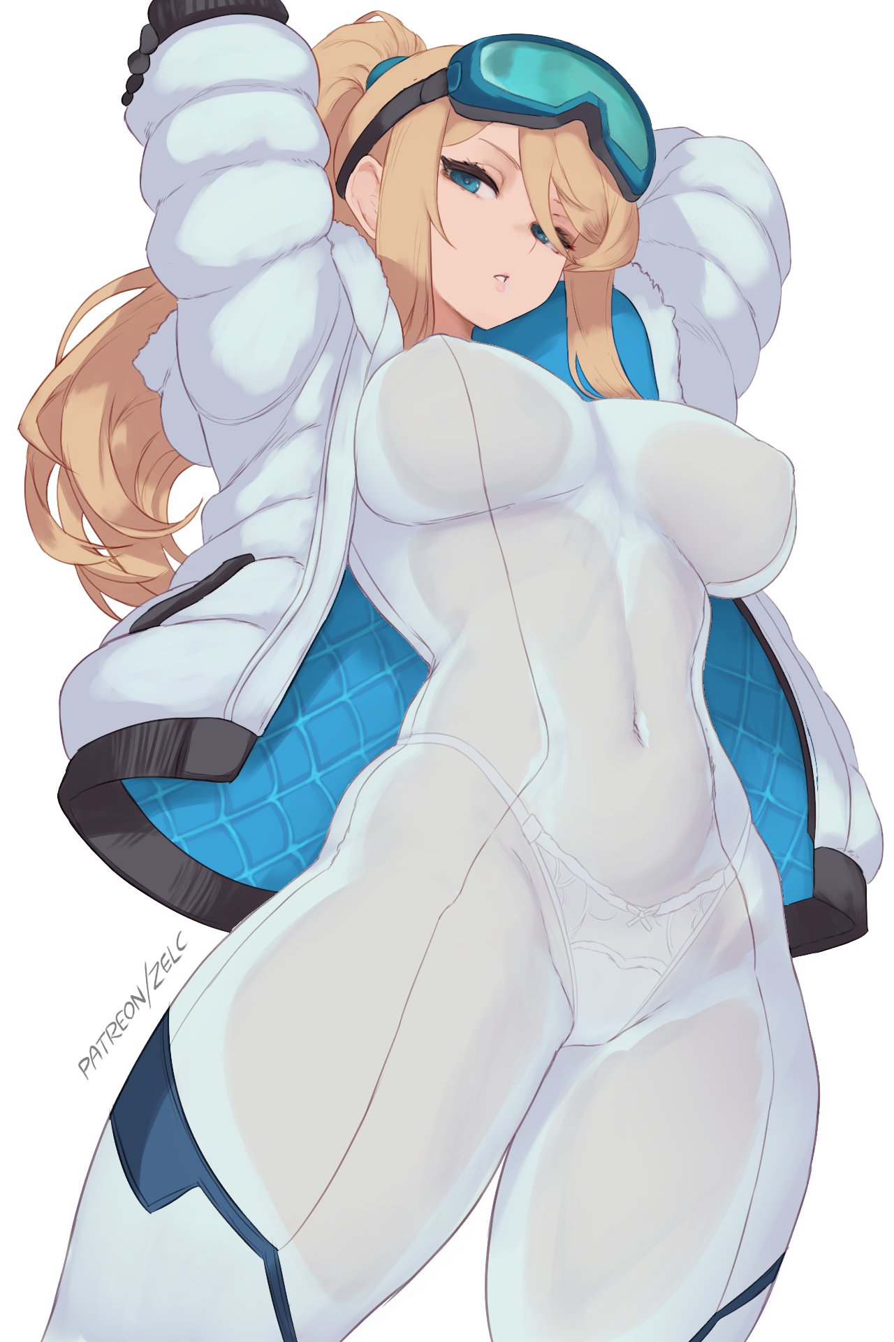 1girls, alternate costume, arms up, blonde hair, blue eyes, blue jacket, bodysuit, breasts, commentary, covered erect nipples, covered navel, cowboy shot, down jacket, english commentary, female, female only, fully clothed, goggles, highres, hourglass figure, hourglass figured female, jacket, large breasts, long hair, metroid, navel, nintendo, open clothes, open jacket, panties, panties under bodysuit, panties visible through clothing, pantylines, ponytail, puffy coat, quilted jacket, samus aran, see-through bodysuit, see-through clothes, ski goggles, stretching, thick thighs, tight clothing, translucent clothing, two-sided fabric, two-sided jacket, underwear, voluptuous female, white background, white bodysuit, white jacket, white panties, winter clothes, zelc-face, zero suit, zero suit samus