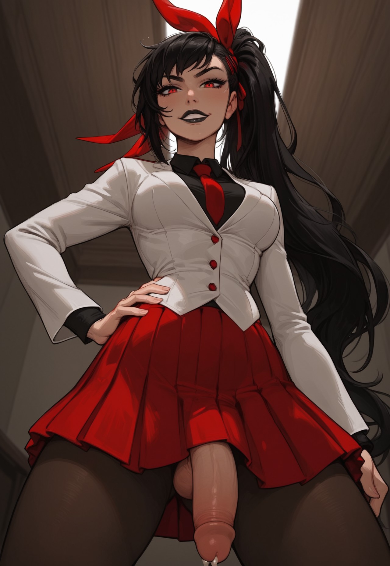 1futa, abs, ai generated, ass, big ass, big breasts, big butt, big hips, big penis, black eyeshadow, black hair, black lip, black lips, black lipstick, black makeup, breasts, cleavage, clothed, clothing, covered abs, dick, dickgirl, eyebrows, eyelashes, futa only, futanari, grin, grinning, grinning at viewer, ha yuri jahad, hair, huge cock, indoors, intersex, lips, long hair, looking at viewer, makeup, narrow waist, narrowed eyes, nose, pantyhose, penis, red eyes, seducing, seductive, seductive eyes, seductive gaze, seductive look, seductive mouth, seductive pose, seductive smile, skirt, smile, smile at viewer, smiley face, smooth balls, smooth penis, smooth skin, solo, solo dickgirl, solo focus, solo futa, solo futanari, suit, suit and tie, testicles, tied hair, tower of god, velonix, webtoon