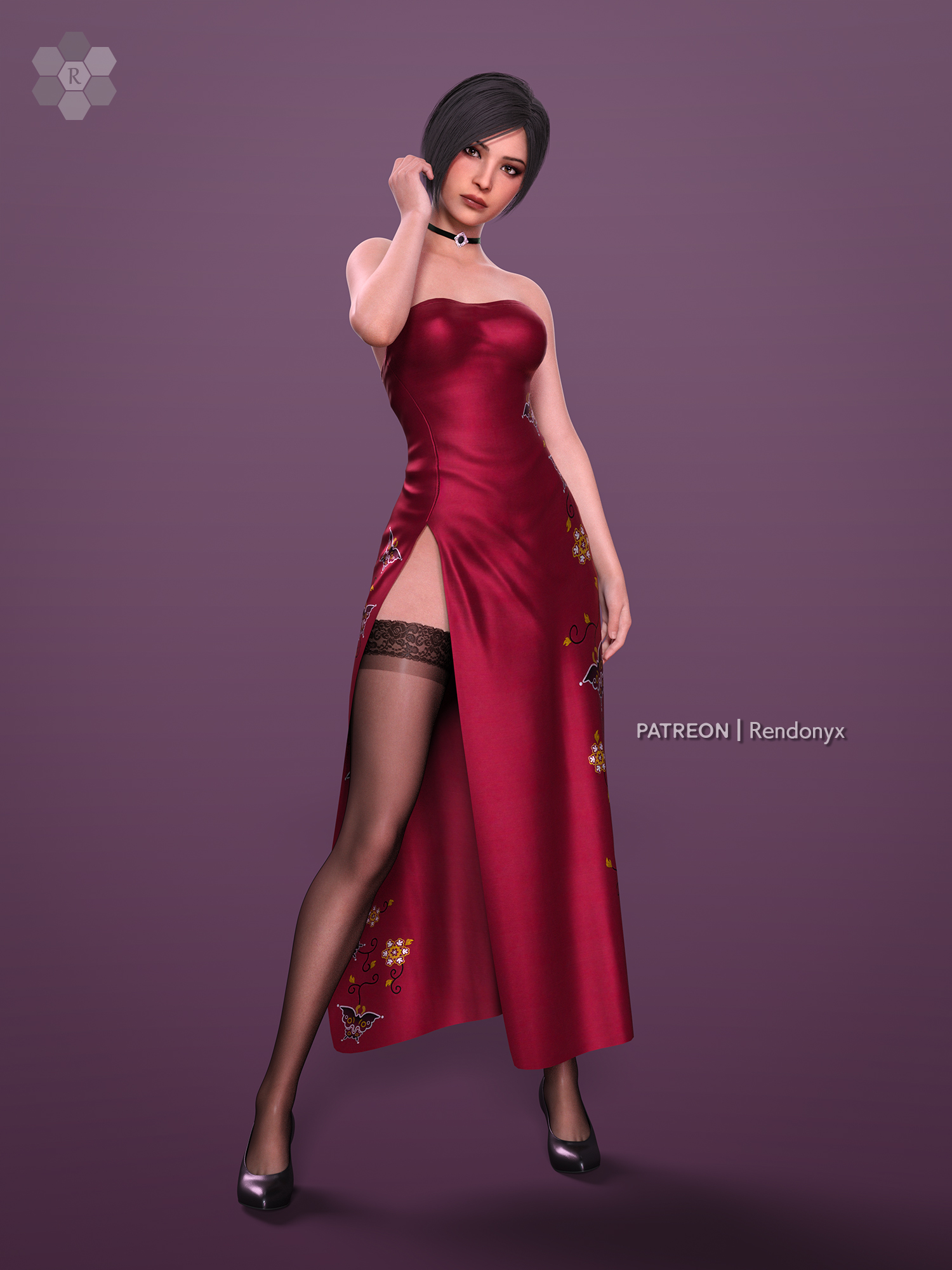 1girls, 3:4, 3d, 3d (artwork), 3d model, 3d render, ada wong, ada wong (adriana), artist logo, artist name, beautiful woman, black hair, brown eyes, capcom, choker, dress, elegant, elegant dress, female only, fit female, high heels, highres, lace-trimmed thighhighs, looking at viewer, posing, posing for the viewer, red dress, rendonyx, resident evil, resident evil 4, resident evil 4 remake, side slit, side slit dress, simple background, stockings, strapless dress, thighhighs