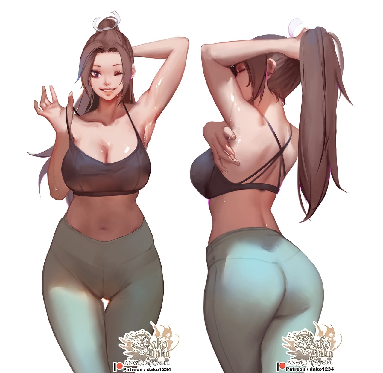 1girls, dako, female, patreon url, patreon username, solo, solo female, sports bra, sweaty, tagme, unknown character, watermark, yoga pants
