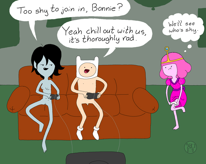 1boy 2girls adventure_time casual casual_nudity coldfusion electronics female finn_the_human flaccid footwear headwear human male male_and_female_focus marceline mostly_nude nonsexual_nudity nudism nudist pale_skin penis pink_hair pink_skin playing_videogame princess_bubblegum pussy testicles uncensored wholesome young young_marceline young_princess_bubblegum