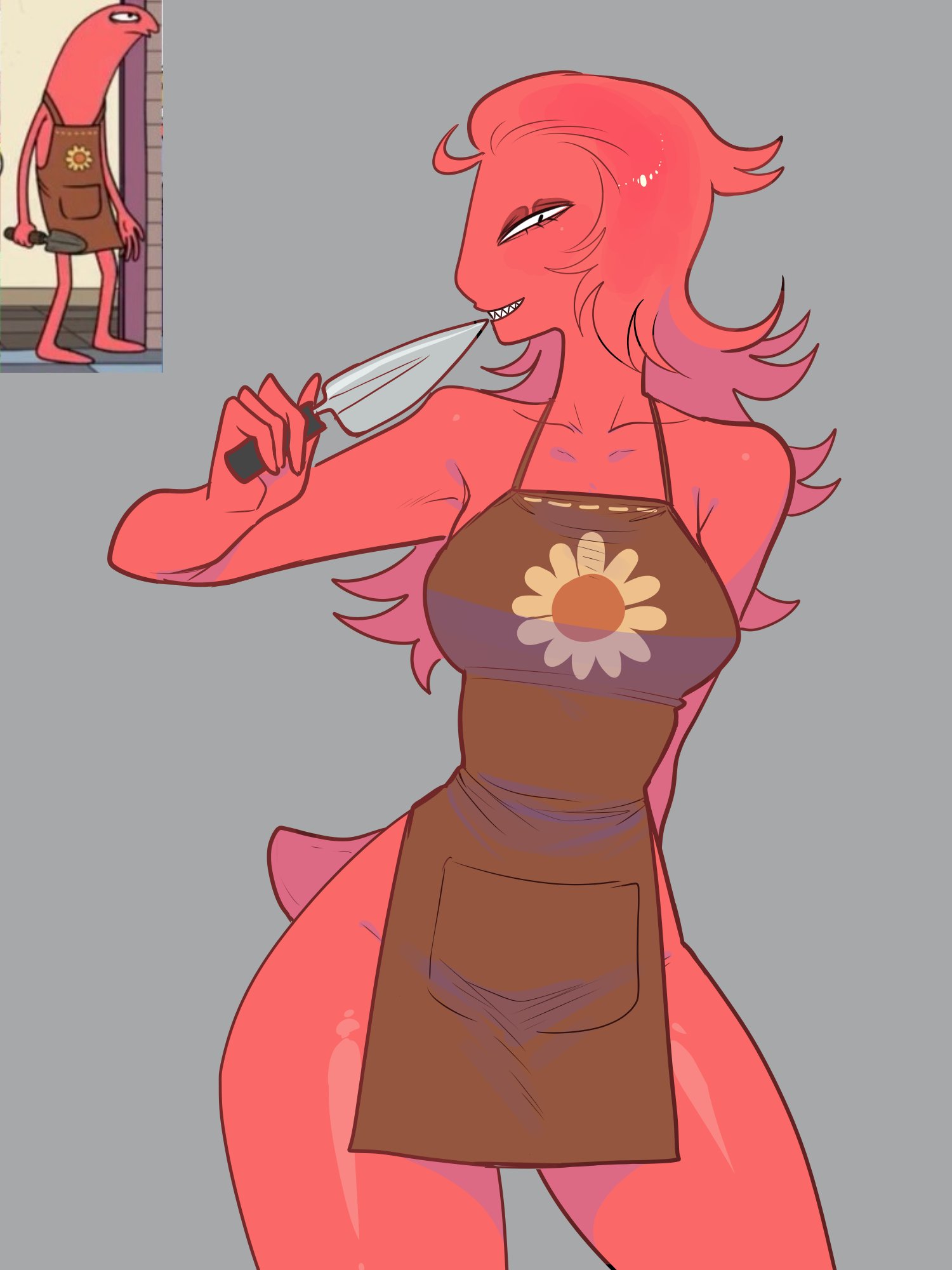 1girls, 2d, alan (smiling friends), apron, apron only, bottom heavy, contrapposto, cowboy shot, critter, digital media, female, female only, gardening tools, genderswap, genderswap (mtf), grey background, heretic idan, humanoid, long hair, naked apron, red body, red skin, reference image, rule 63, sharp teeth, shiny skin, simple background, smiling friends, solo, tail, thick thighs, wide hips