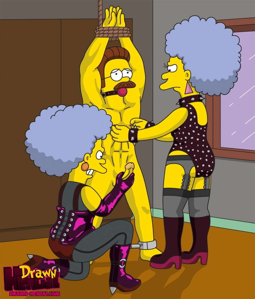 bdsm dominatrix drawn-hentai female human male ned_flanders patty_bouvier selma_bouvier straight the_simpsons