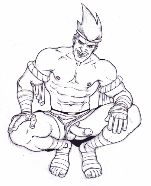 1boy adon artist_request bara human male male_only monochrome muscle penis solo source_request street_fighter tagme testicles