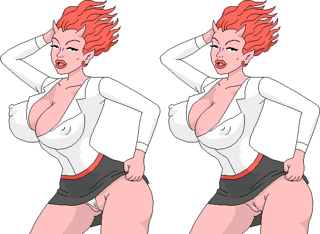 breasts callie_maggotbone cleavage demon ear_piercing erect_nipples female female_only hair horns huge_breasts large_breasts open_mouth panties pointy_ears puffy_nipples pussy red_hair shaved_pussy short_hair skirt_lift solo thick_lips transparent_background ugly_americans warnerc