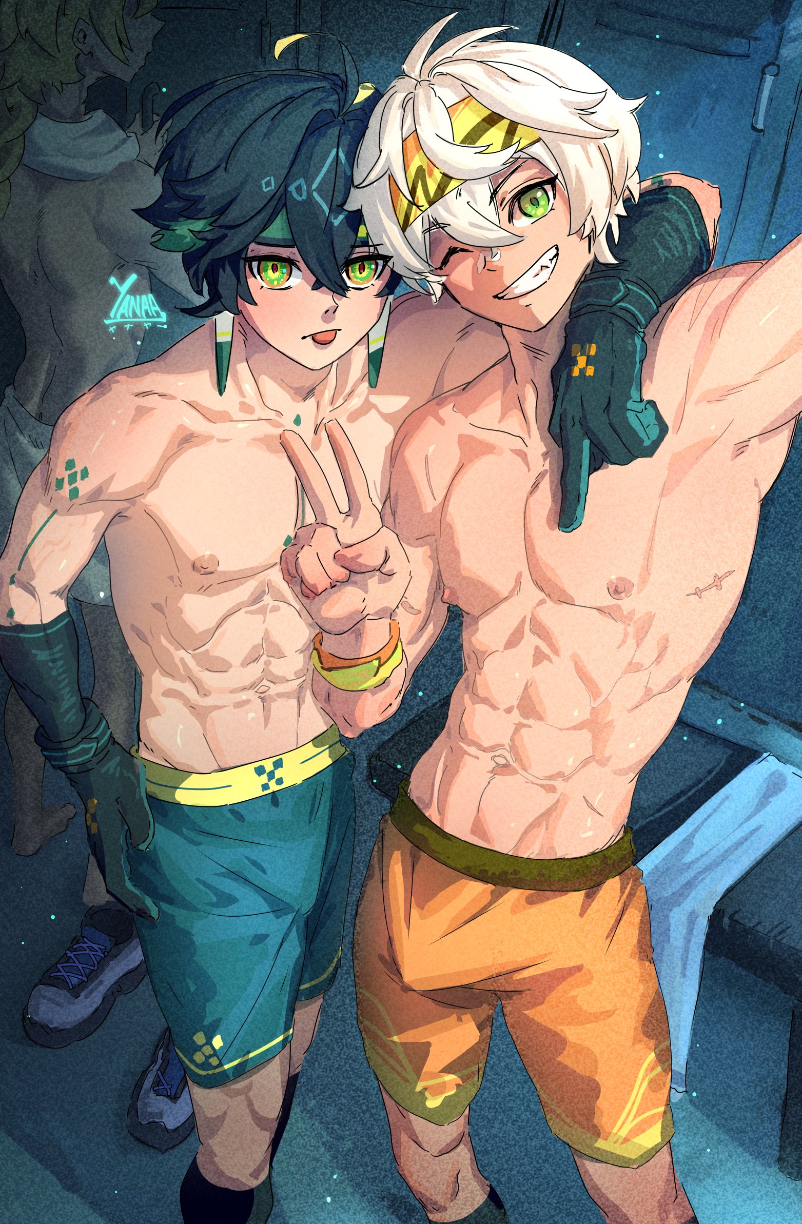 3boys, abs, aether (genshin impact), bare arms, bare chest, bare shoulders, bennett (genshin impact), black hair, blonde hair, clothing, erection under clothes, erection under clothing, genshin impact, gloves, green hair, human, kinich (genshin impact), light skin, light-skinned male, locker, locker room, lockers, male, male focus, male only, multicolored hair, multiple boys, multiple males, muscles, muscular, muscular male, navel, nipples, partially clothed, partially nude, taking picture, taking selfie, underwear, unseen male face, upper body, yanayaa a