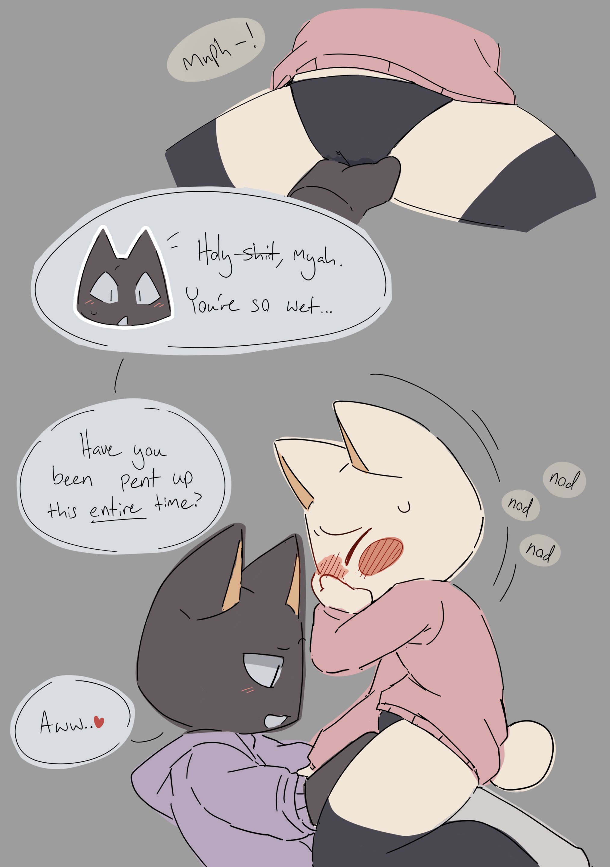 1boy, 1girls, bj (artist), blush, bodily fluids, clothed, clothing, comic, dialogue, doko demo issho, domestic cat, duo, embarrassed, female, genital fluids, genitals, kuro (doko demo issho), legwear, male, male only, male/female, mammal, non-human, non-human only, simple background, sketch, sony corporation, sony interactive entertainment, spread legs, spreading, sweat, sweatdrop, thigh highs, toro inoue, vaginal fluids, wet clothes, wet pussy