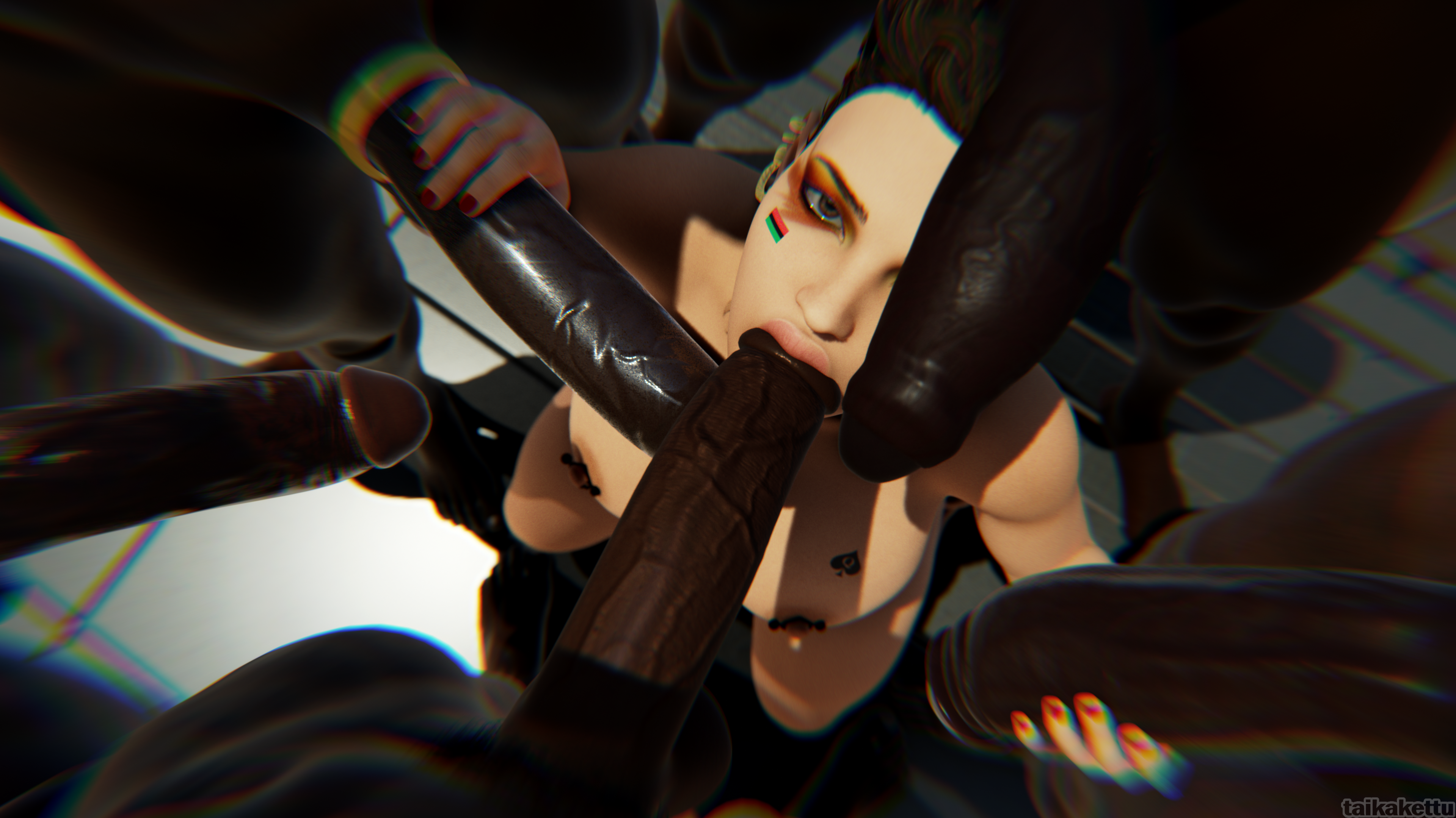 3d, apex legends, beach, black penis, brown eyes, brown hair, dark skin, dark skinned male, dark-skinned male, earrings, female, gangbang, interracial, loba (apex legends), looking at viewer, male, multiple boys, multiple penises, nipple piercing, oral, oral sex, outdoors, pan african colors, penis, penis in mouth, penis on face, qos, qos tattoo, queen of spades, sucking, sucking penis, taikakettu, tattoo, twitter link, twitter username, unseen male face, veiny penis