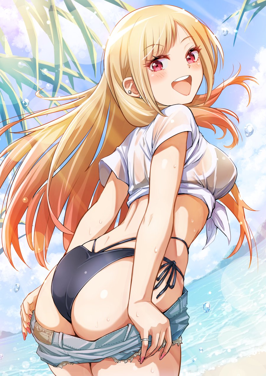 1girls, artist request, ass, big ass, bikini, bikini bottom, bikini top, fat ass, kitagawa marin, pants, pants down, pants pull, pinup, see-through, see-through clothes, see-through clothing, sono bisque doll wa koi wo suru, swimsuit, thick legs, thick thighs, thighs, wide hips, wide thighs