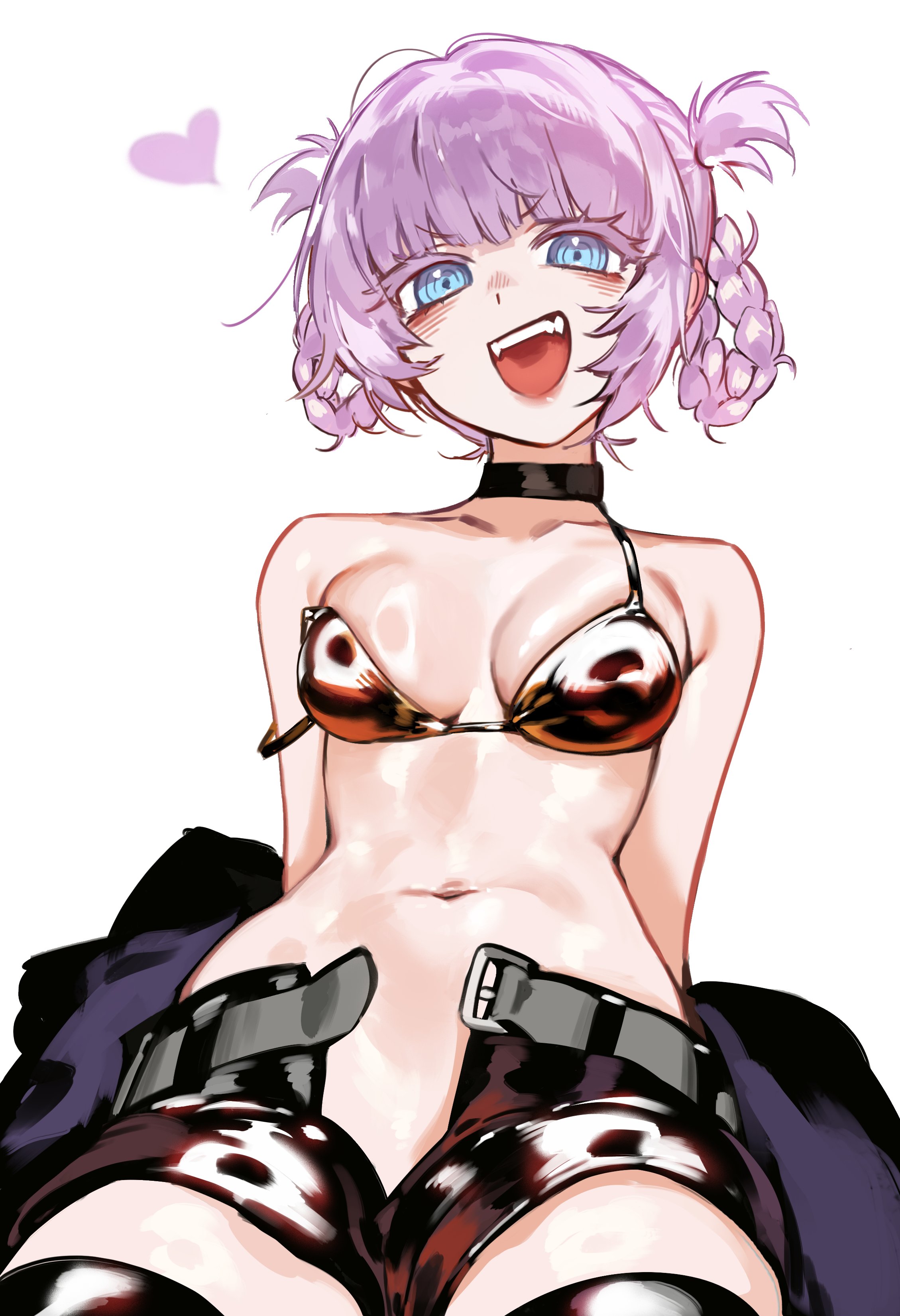 1girls, 2d, alternate version at paywall, black choker, blush, braid, braided hair rings, breasts, cyan eyes, fangs, female, foolish potato, hair rings, heart, highres, jacket, light skin, light-skinned female, looking at viewer, loose bra, loose clothes, nanakusa nazuna, nanakusa nazuna (yofukashi no uta), open belt, open mouth, open shorts, purple hair, shiny clothes, thighhighs, vampire, white background, yofukashi no uta