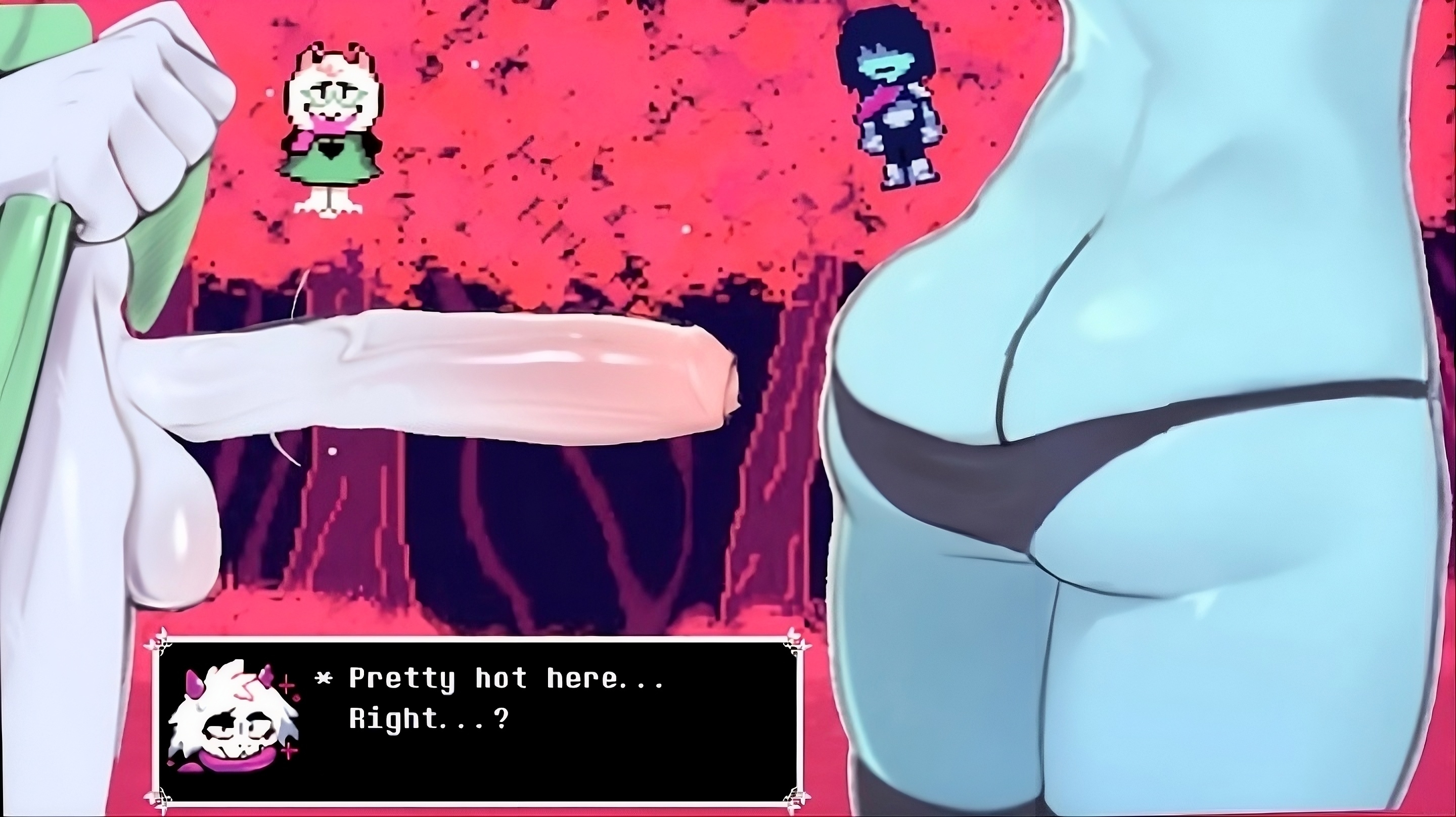 1nonbinary, 2boys, ass, deltarune, deltarune chapter 1, dialog, dialogue, english, english text, kris (deltarune), kris female (deltarune), penis, ralsei, ralsei with white fur