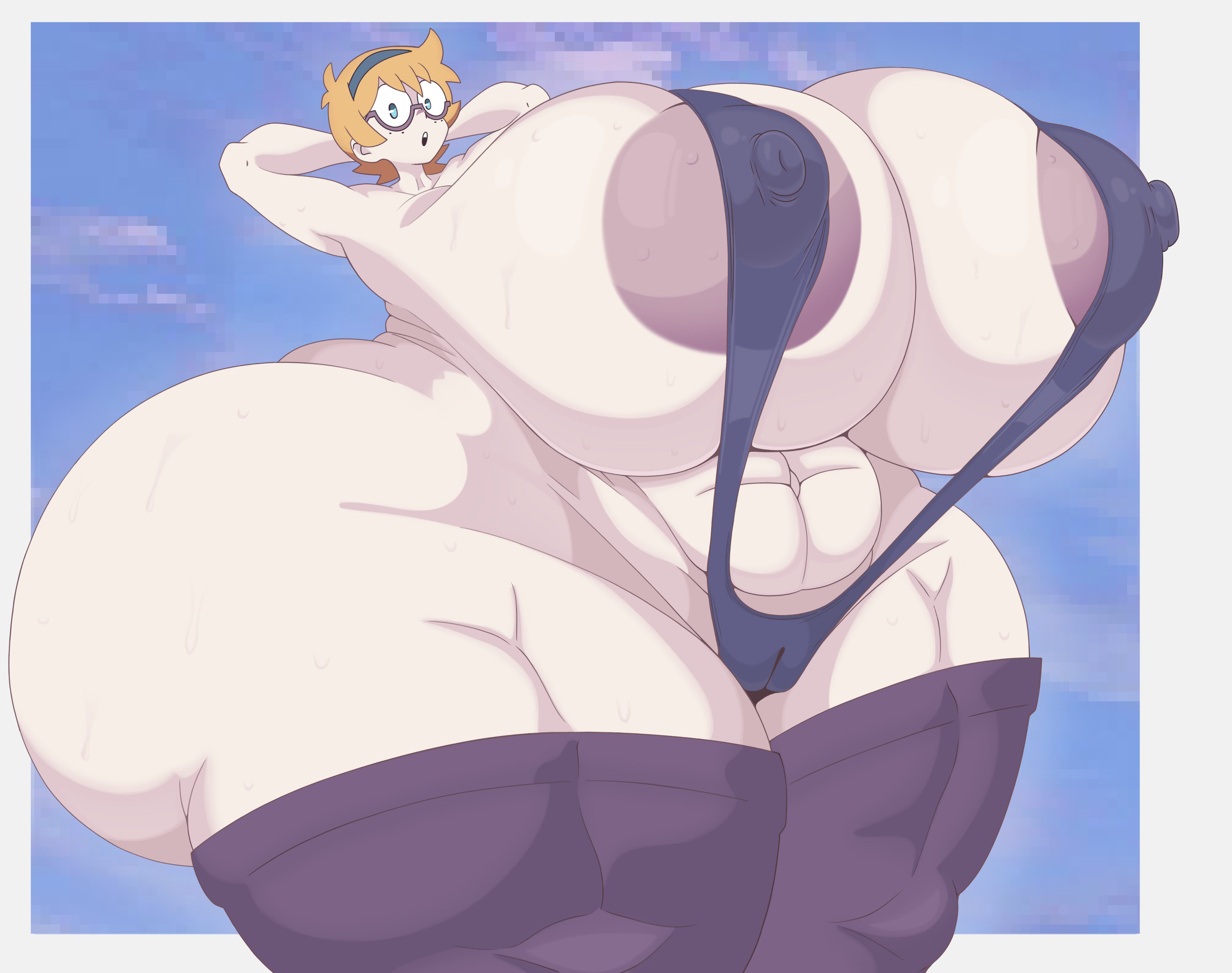 1girl, 1girls, alternate body type, alternate breast size, ass, ass focus, big ass, big breasts, blonde hair, blue eyes, breasts, colonbey, gigantic ass, gigantic breasts, huge ass, huge breasts, little witch academia, looking at viewer, lotte jansson, short hair, solo, sweat, tagme, thick thighs, thighs, wide hips