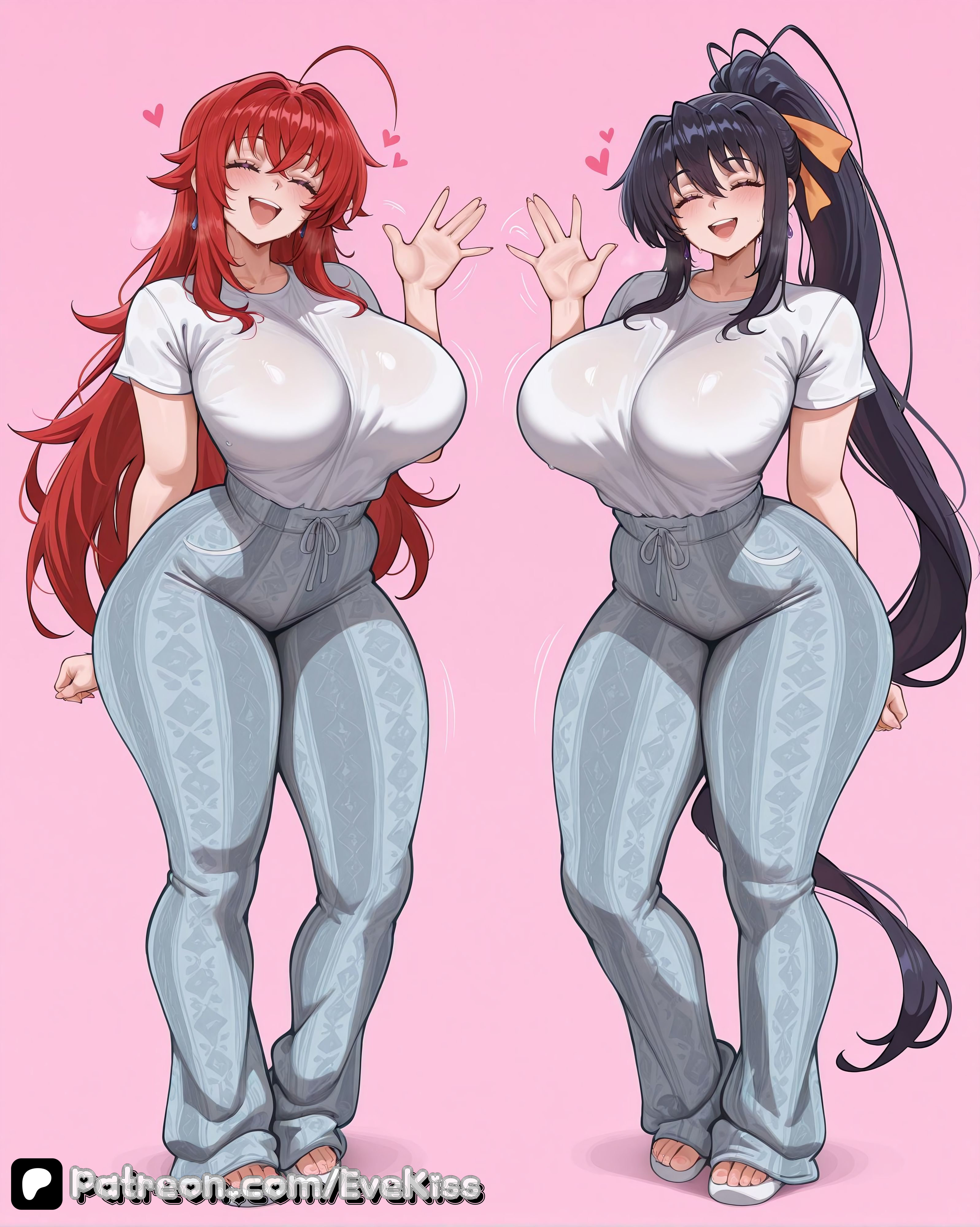 2girls, ahoge, ai generated, akeno himejima, boobs, boobs bigger than head, breasts, camel toe, cameltoe, cleavage, clothed, clothed female, curvy, curvy figure, duo, evekiss, female, female focus, female only, focus, forbidden pants, fully clothed, heart, hearts, hearts around head, high school dxd, large breasts, light-skinned female, multiple girls, nipples, nipples covered, nipples visible through clothing, pussy, rias gremory, sfw, teeth, thick thighs, thighs, tight clothes, tight clothing, uncensored, wave, wide hips