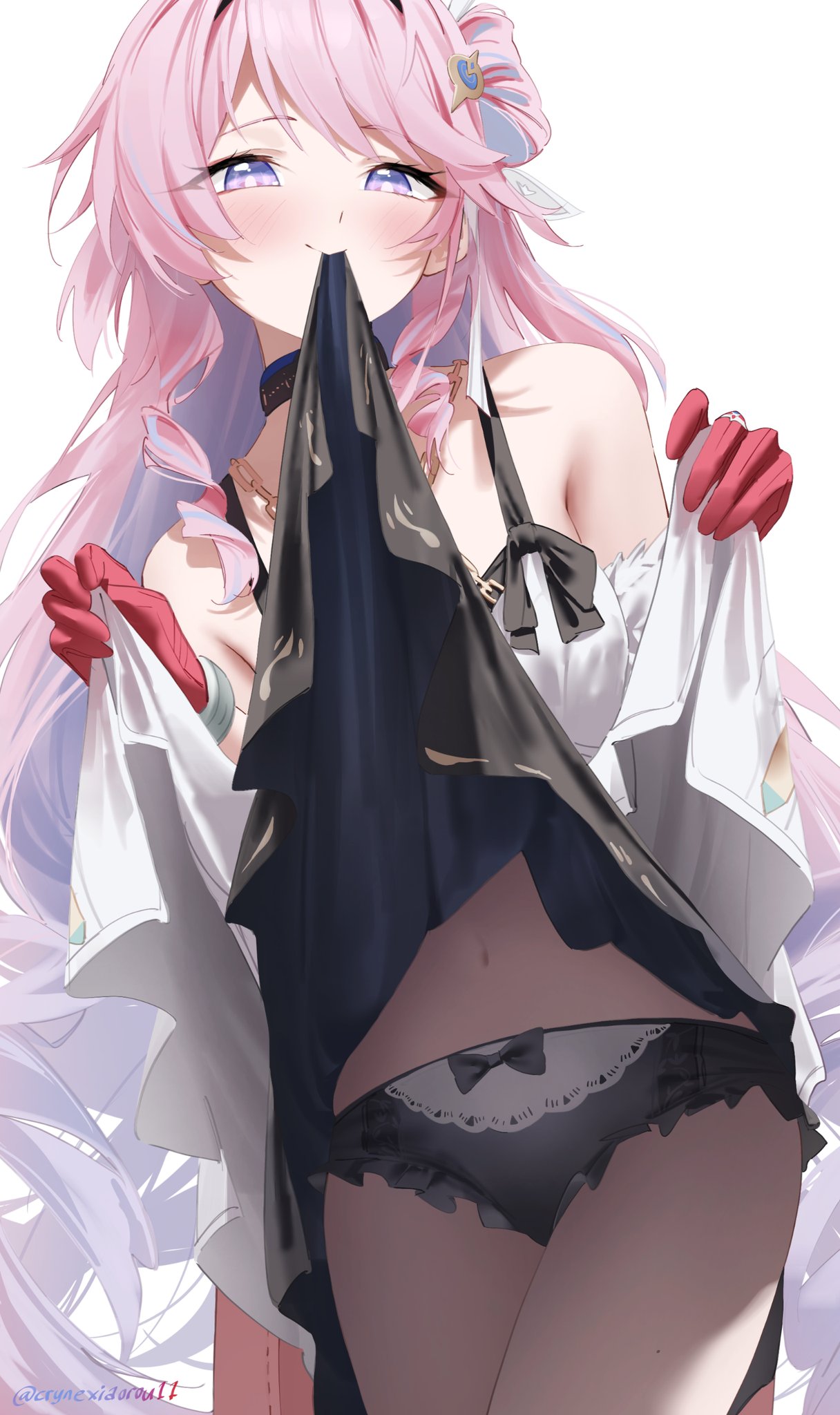 1girls, black panties, black underwear, denia (wuthering waves), female, long hair, panties, pink hair, purple eyes, skirt, skirt lift, underwear, wuthering waves