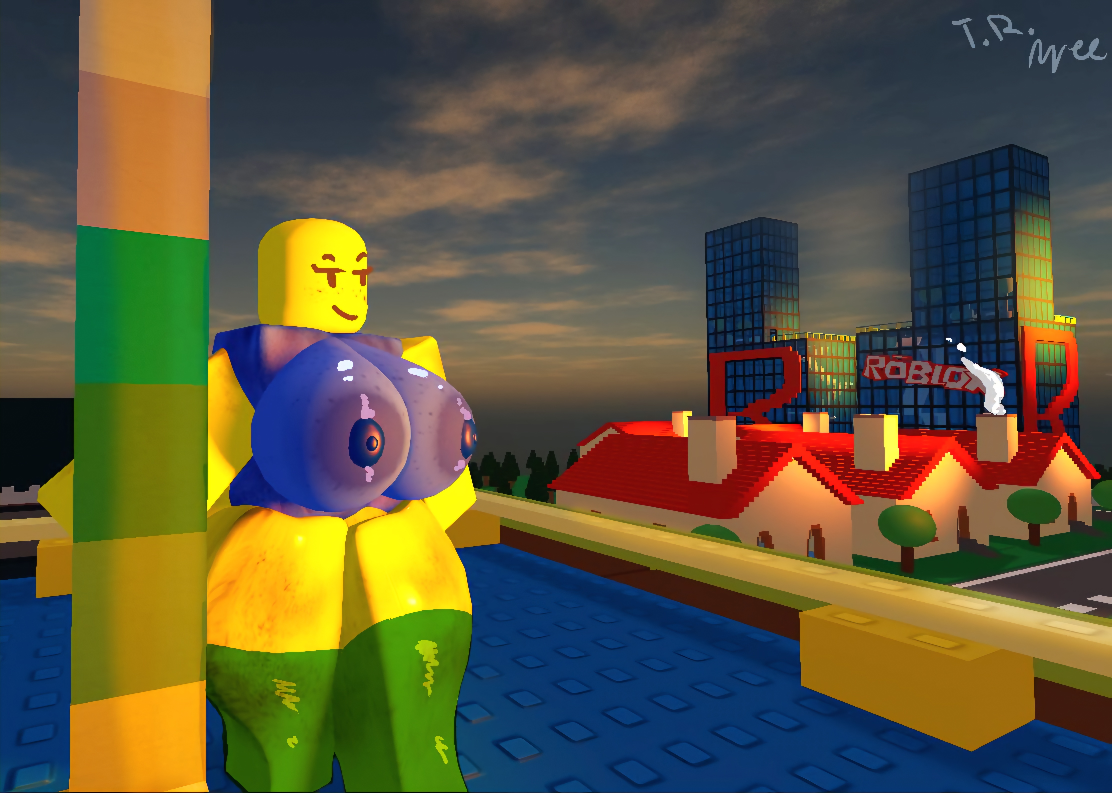 1girls, 2d, 2d (artwork), 3d, 3d (artwork), areolae, big breasts, blocky body, breasts, city, city background, female, female human, female only, human, human only, large breasts, nipples, noob, noob (roblox), outdoors, reposted without permission, roblox, roblox studio, robloxian, self upload, smile, smiley face, smiling, solo, solo female, solo focus, standing, sunset, thick thighs, thigh, thighhighs, yellow body, yellow skin, yellow skinned female
