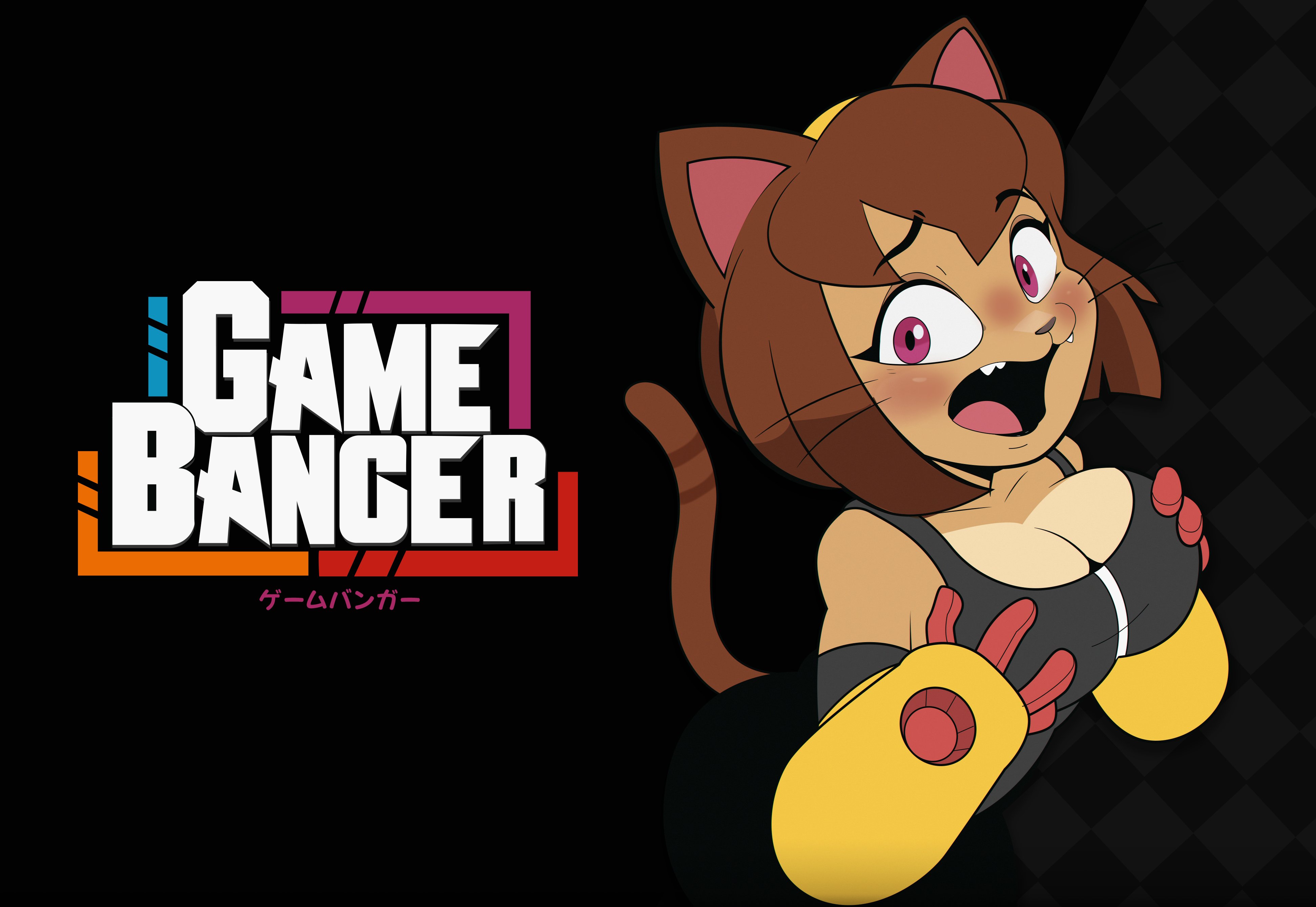1girls, alternate breast size, animal ears, animal hands, animal nose, anthro, artist name, bare shoulders, black background, black bodysuit, black shirt, blush, bob cut, body fur, bodysuit, breasts, breasts squeezed together, brown fur, brown hair, cat ears, cat girl, cat tail, checkered background, cleavage, clothing, collarbone, copyright name, elbow gloves, english text, fang, fangs, felid, feline, female, furry, furry female, gameoverse, gloves, grabbing, grabbing own breast, hairband, hands on own breasts, kit (gameoverse), large breasts, looking at viewer, mammal, open mouth, pink eyes, raised eyebrows, red eyes, shirt, short hair, simple background, solo, tail, teeth, upper body, whiskers, yellow gloves, yellow hairband, zipper