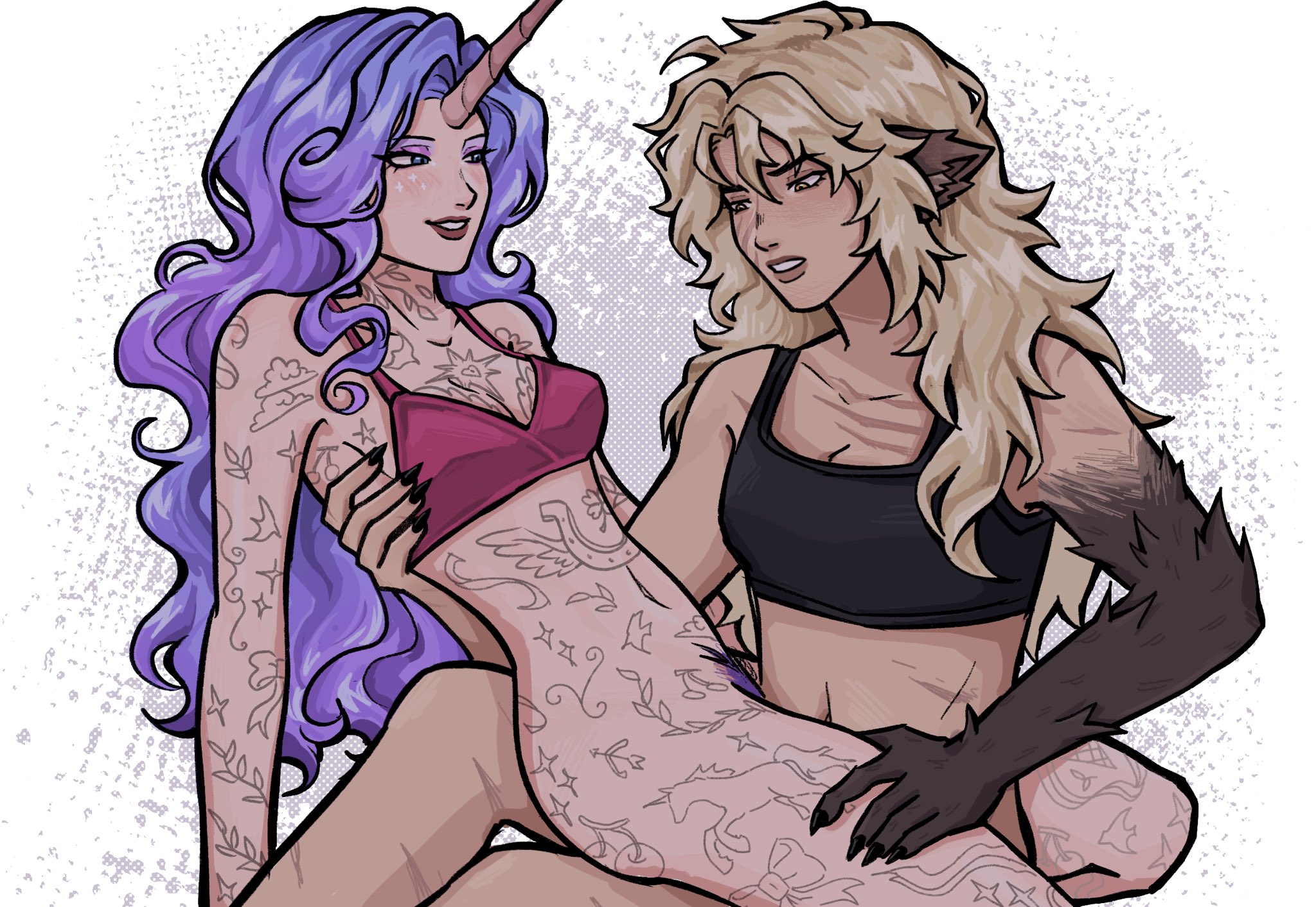 2girls, blonde hair, blue eyes, blush, blushing, bra, celeste (deadlock), deadlock, grinding, pubic hair, purple hair, scar, scars, silver (deadlock), tattoo, tattoos, unicorn, valve, werewolf, yellow eyes, yuri