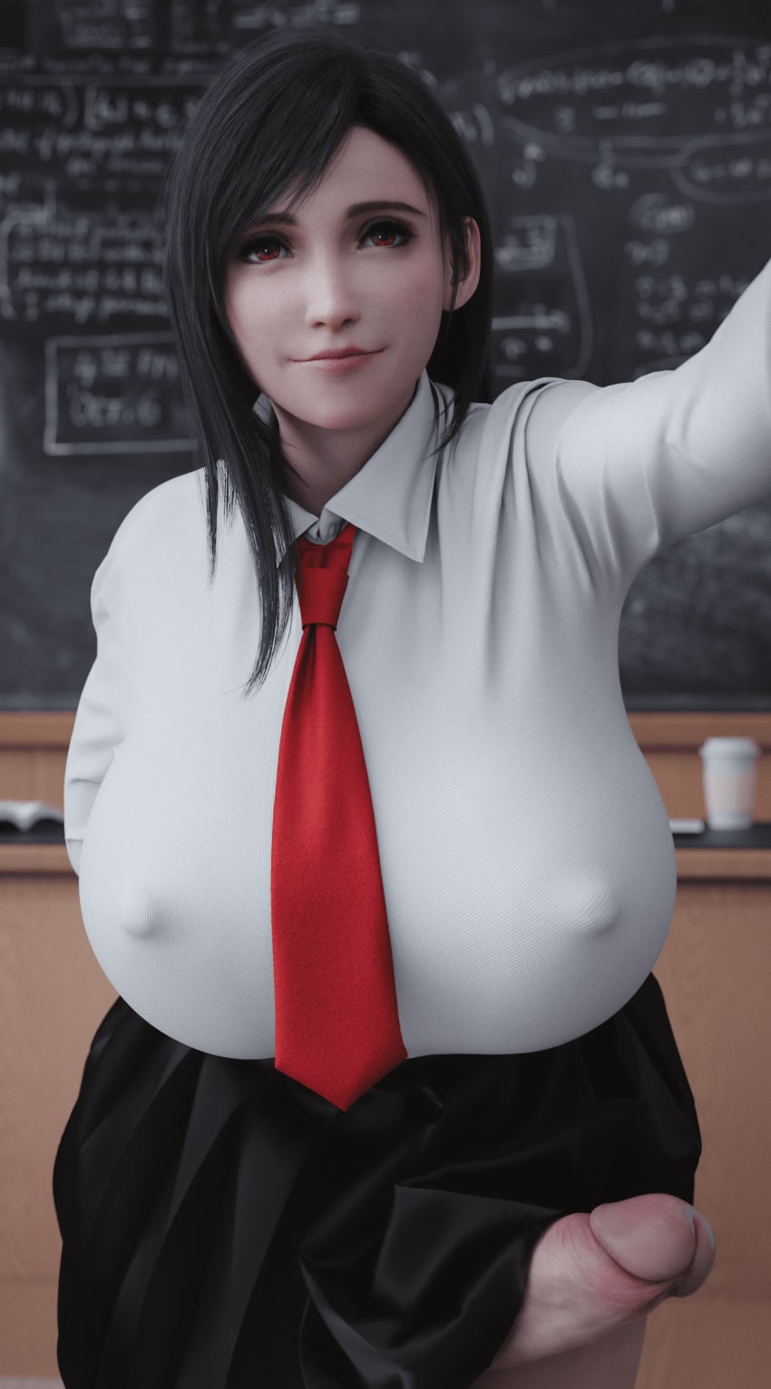 3d, black hair, breasts, breasts bigger than head, bulging nipples, cock, covered breasts, erection under skirt, final fantasy, final fantasy vii, fully clothed, futa cock, futa only, futanari, huge breasts, huge cock, long hair, looking at viewer, nipple bulge, penis, red eyes, schoolgirl uniform, skirt, skirt lift, stevencarson, tifa lockhart