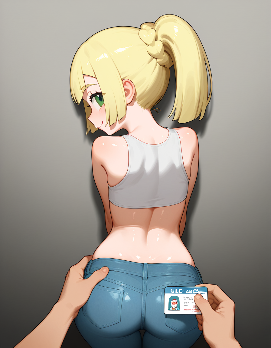 ai_generated blonde_female blue_jeans bubble_butt crop_top flat_chest focus_on_ass grabbing_from_behind green_eyes heavenly_ass id_card lillie_(pokemon) offering_self perfect_ass petite_ass sexy_pose slim_waist slutty_body slutty_female