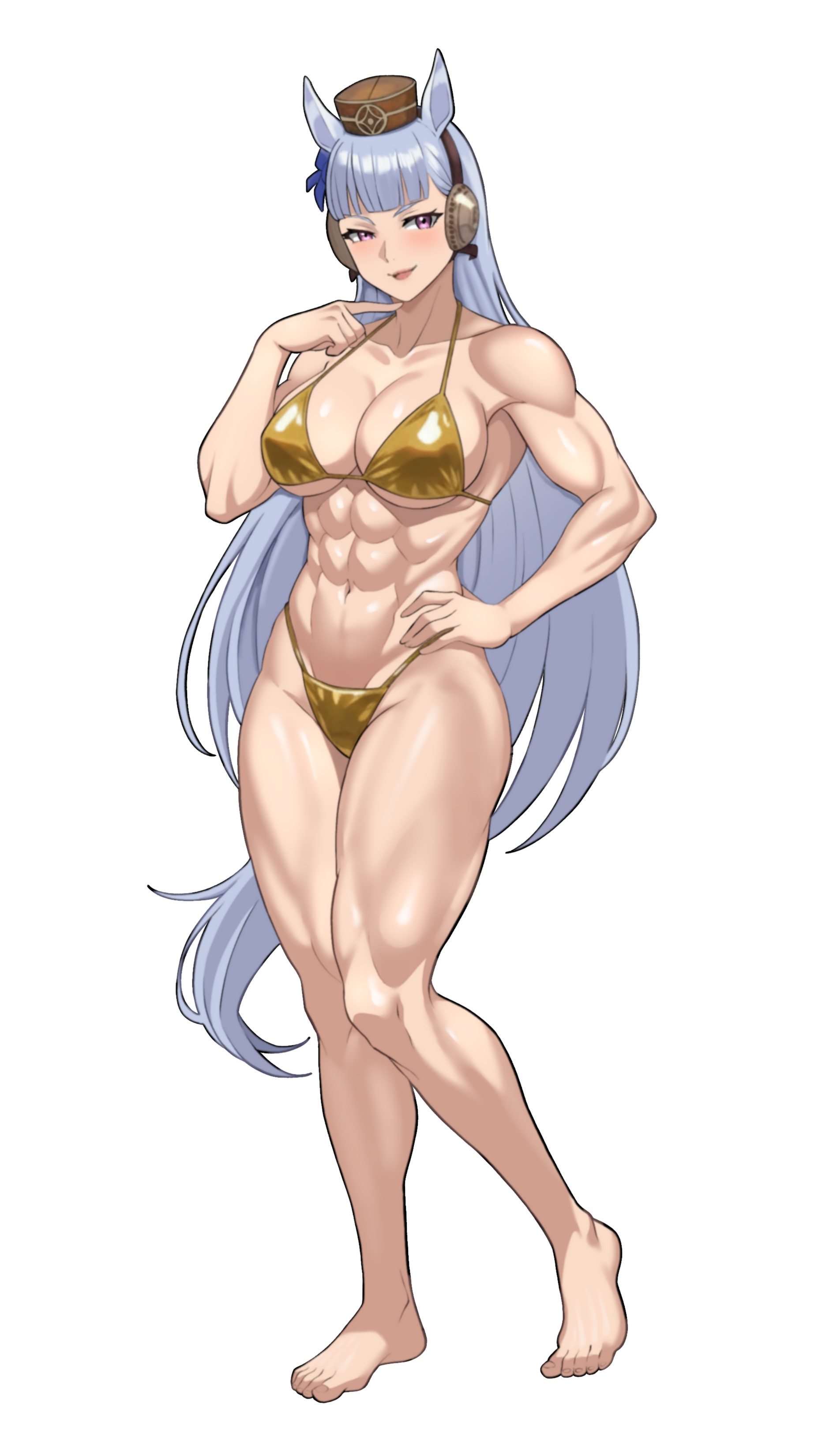 abs, athletic, athletic female, breasts, buff, busty, gold ship (umamusume), golden week, horse girl, kemonomimi, large breasts, muscular, muscular female, nipple bulge, thick thighs, thighs, toned, toned female, tsutoxine (artist), umamusume, umamusume pretty derby, white hair, wide hips