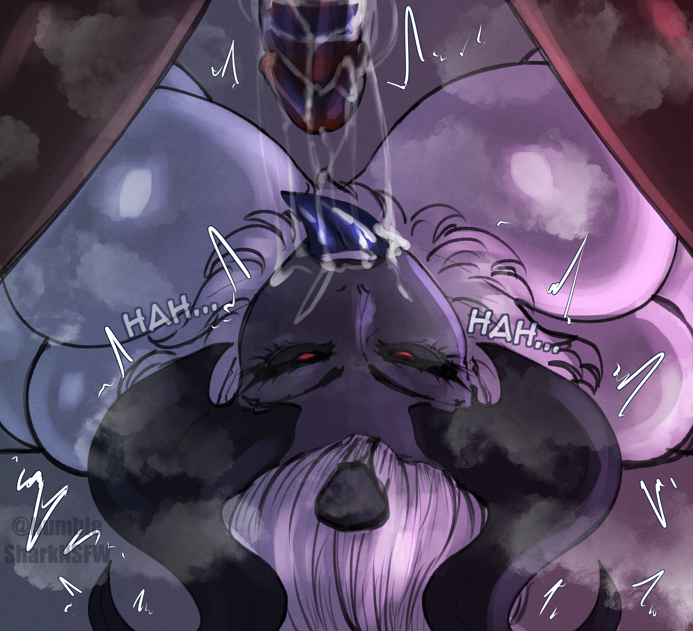 1boy, 1girls, absol, after oral, after throatpie, big breasts, breasts, dark skin, dark-skinned male, ejaculation in mouth, female, horn, horns, humble shark, looking at viewer, male, penis, pokemon, pokemon (species), yelena (humble shark)