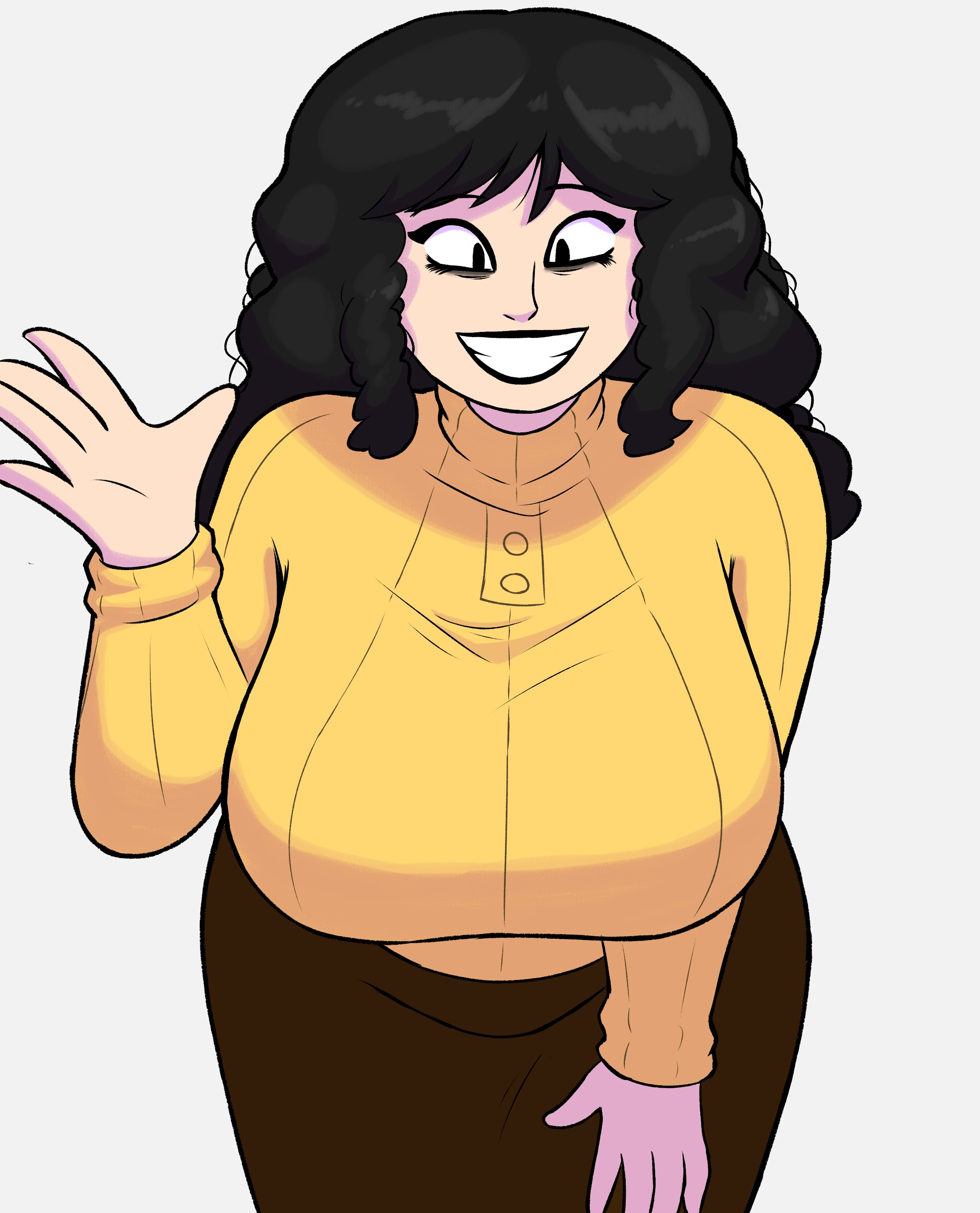 1female, 1girl, 1girls, 2026, bent over, big breasts, black eyes, black hair, black lips, black lipstick, breasts, clothed, clothed female, clothing, eyelashes, female, female only, hand on thigh, huge breasts, human, human female, large breasts, leaning, leaning forward, looking at viewer, mature, mature female, middle aged, middle aged female, middle aged woman, milf, miserable, mother, rosemary walten, shoulder length hair, sketchfins, smile, smiling, smiling at viewer, solo, solo female, sweater, the walten files, turtleneck, turtleneck sweater, waving, waving at viewer, waving hand, wide smile, yellow sweater