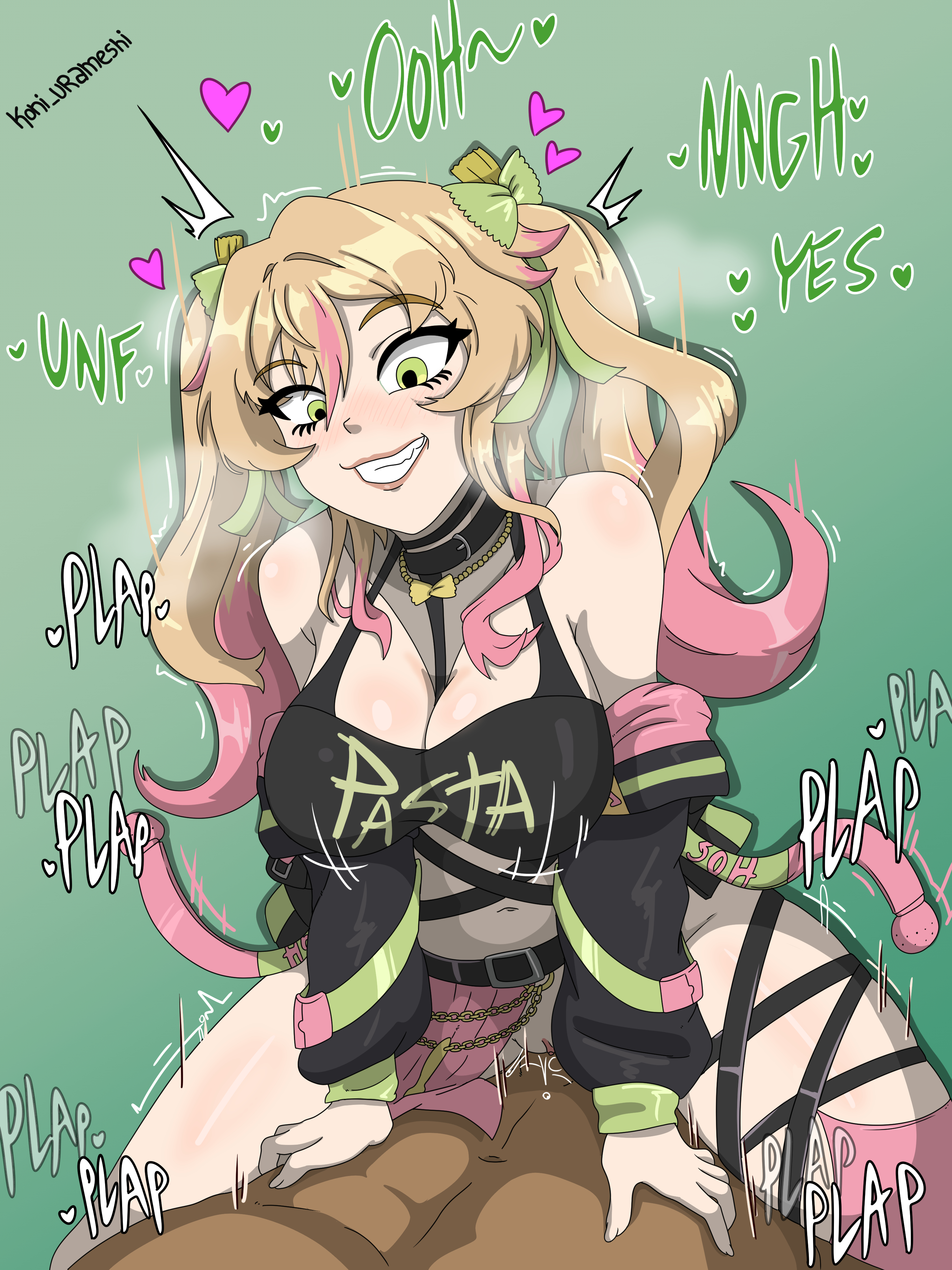 banana bus squad, blonde hair, blush, breasts, cleavage, dark skin, dark-skinned male, female, green eyes, indie virtual youtuber, interracial, koni urameshi, light skin, light-skinned female, pastaroniravioli, sex, shaved pussy, smile, teeth, twintails, vanoss crew, virtual youtuber, youtube, youtuber