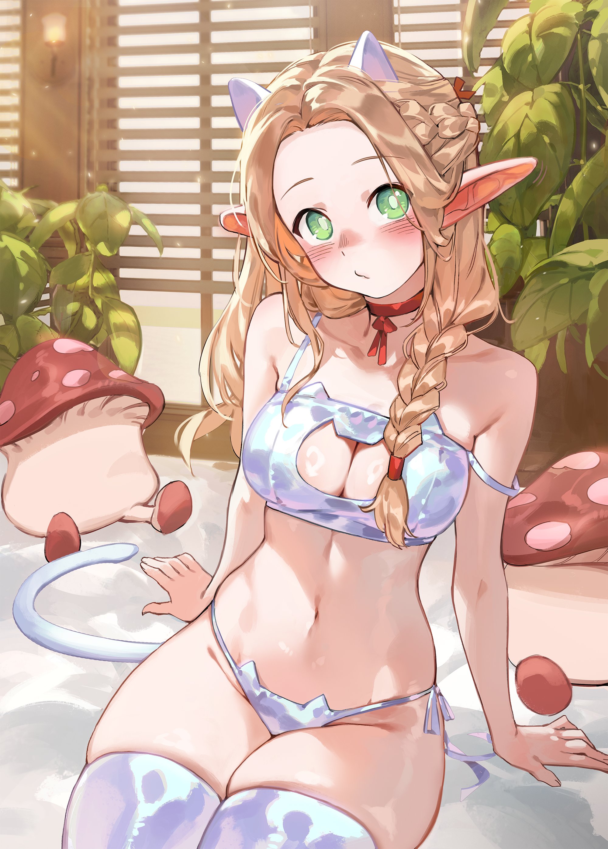 1girls, 2026, 2d, background, blonde hair, blush, braids, breasts, cat cutout, cat ear panties, cat ears, cat ears hairband, cat keyhole bra, cat tail, choker, cleavage, cleavage cutout, detailed background, dungeon meshi, elf, elf ears, female, foolish potato, green eyes, hair accessory, hair tie, highres, light skin, light-skinned female, loose bra, marcille donato, plant, pointy ears, red choker, shiny clothes, thighhighs, walking mushroom (dungeon meshi), warm lighting
