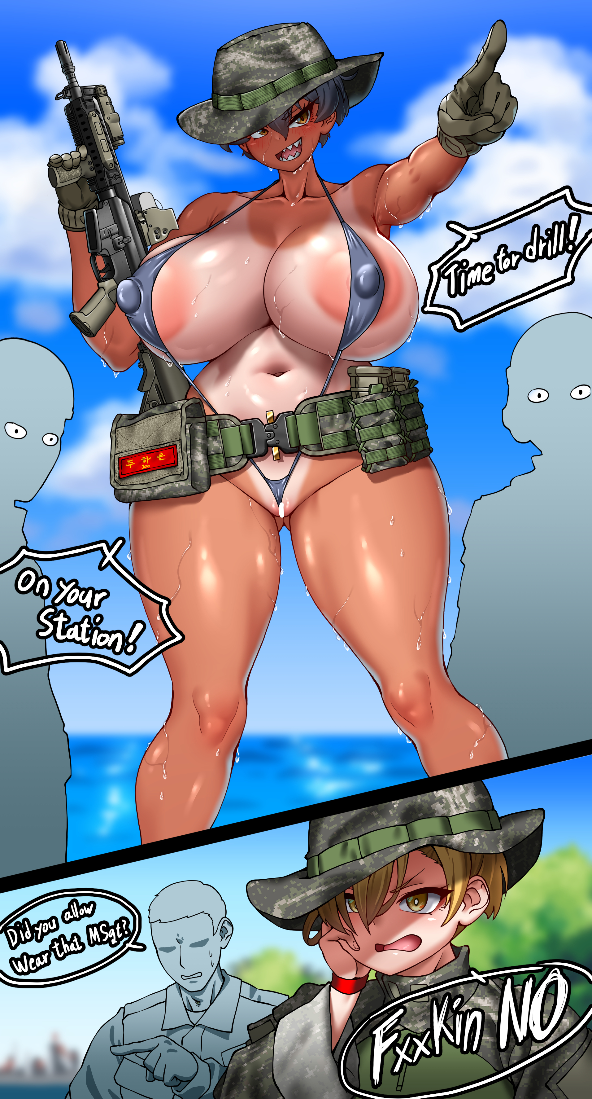 1girls, areola slip, beach, big breasts, bikini, black hair, breasts, camouflage, cleavage, collarbone, covered nipples, female, glock, gun, highres, hitch (hitch driessen/perotoss400/kirochef), hitch (perotoss), holding weapon, huge breasts, looking at viewer, nipples, rokmc chan, sharp teeth, shaved pussy, short hair, sling bikini, smile, solo, solo female, string bikini, sweat, swimsuit, swimwear, tan body, tan-skinned female, tanline, thighs, tomboy, yellow eyes