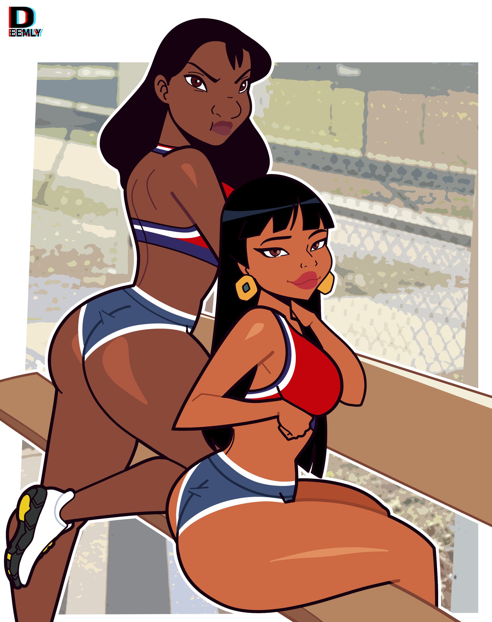 2girls, angry, annoyed, annoyed expression, ass, ass focus, chel, chel (the road to el dorado), curvy female, dark skin, dark-skinned female, deemlyart, large ass, lilo and stitch, long hair, looking at viewer, minishorts, nani pelekai, shiny skin, smiling, the road to el dorado, tight clothing, tight shorts