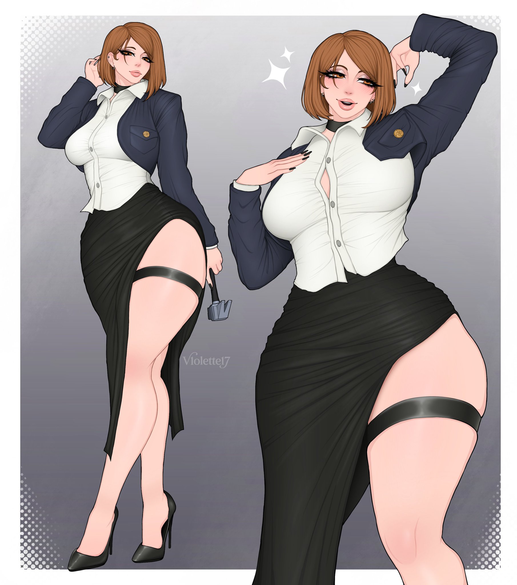 1girls, 2020s, 2026, 2d, 2d (artwork), 2d artwork, 5 fingers, artist logo, artist name, asian, asian female, belt, big hips, big thighs, blush, blush lines, blushing, boobs, breasts, brown hair, brown hair female, buttons, clothed, clothed female, clothes, curvy, curvy body, curvy female, curvy figure, curvy hips, curvy thighs, digital drawing (artwork), digital media, digital media (artwork), ear piercing, ear ring, earrings, ears, eyebrows, eyelashes, eyes, eyes half closed, eyes half open, eyes open, female, female focus, female only, fingernails, fingers, girl, hair, hammer, heels, high heels, hips, holding, holding object, hourglass figure, human female, humanoid, jacket, japanese, japanese female, jujutsu kaisen, kugisaki nobara, light skin, light skin female, light skinned, light-skinned female, lips, long skirt, looking at viewer, nail polish, nailpolish, nails, nails painted, neck ribbon, no dialogue, nobara kugisaki, painted fingernails, painted nails, pierced ears, piercing, sexually suggestive, sexy, sexy body, sexy female, shounen jump, simple background, skirt, slight blush, smile, smiling, text, thick thighs, thigh belt, thighs, tits, v1olette17, watermark, wide thighs