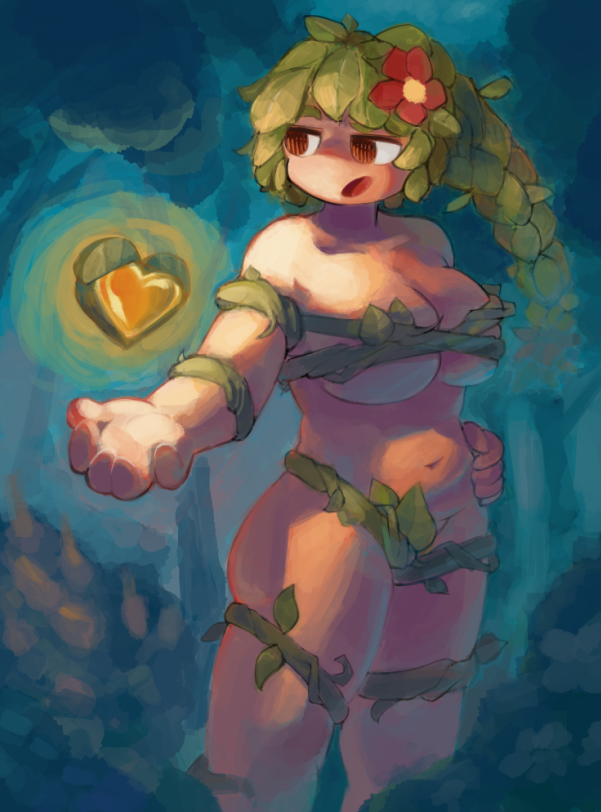 big ass, big breasts, big butt, brown eyes, clothed, dryad, dryad (terraria), flower in hair, green hair, lashsleeper, terraria, vines