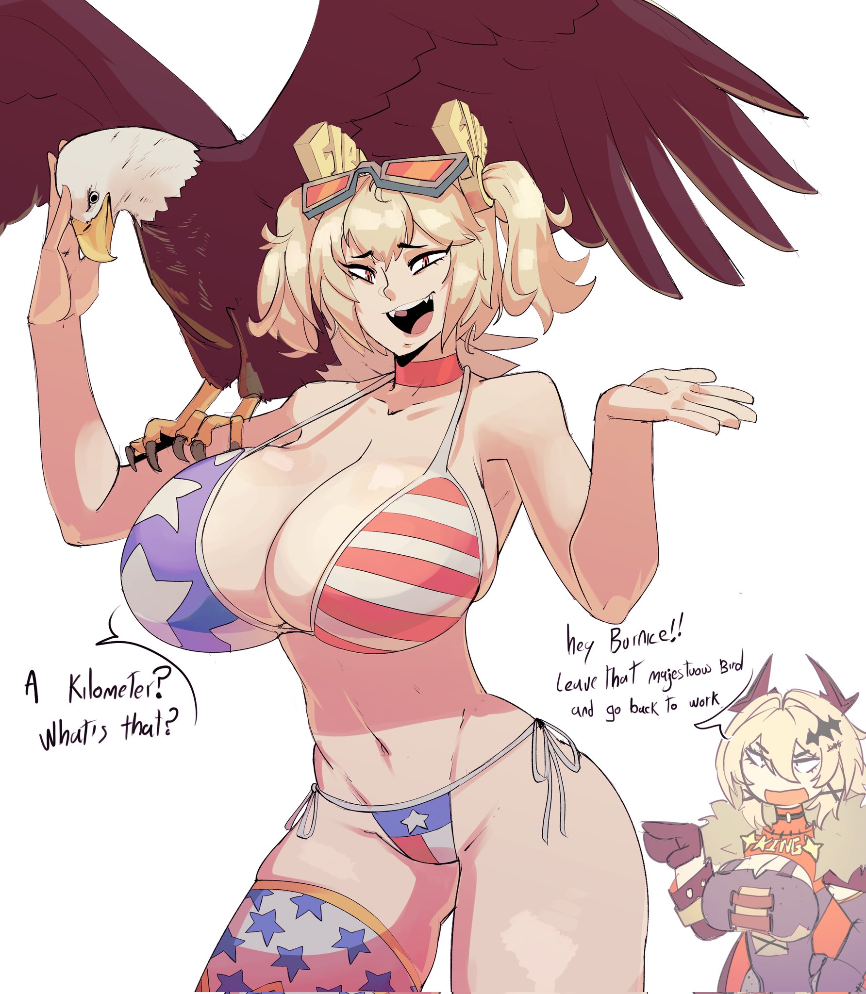2girls, american, american flag bikini, bald eagle, bikini, blonde hair, burnice white, caesar king, cupperexe, cupperthesecond, female, flag bikini, flag print, hair ornament, hoyoverse, huge breasts, light skin, light-skinned female, mihoyo, mihoyo technology (shanghai) co. ltd., twintails, zenless zone zero