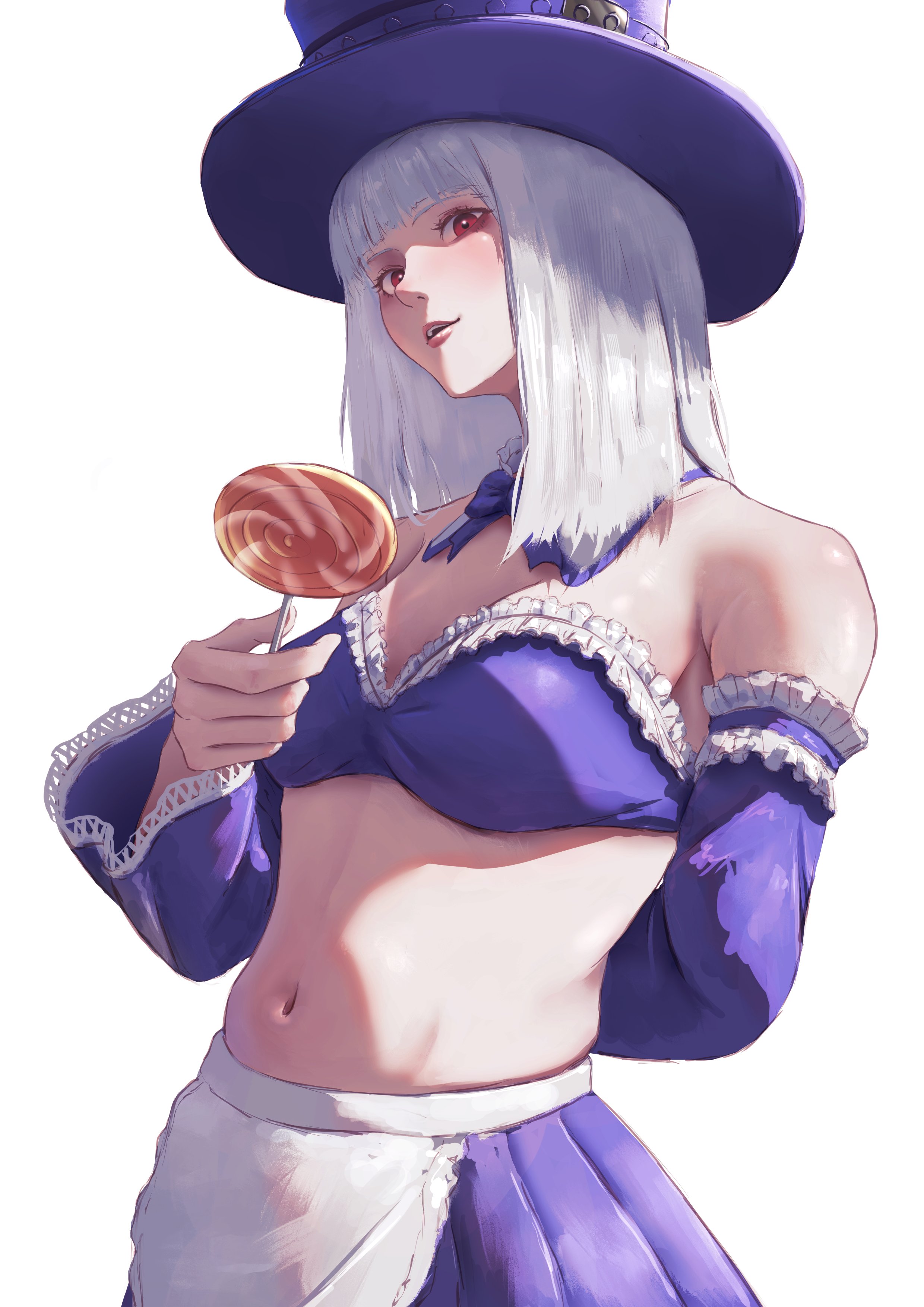 2d, armwear, artist request, athletic, athletic female, bangs, bare midriff, breasts, busty, capcom, cleavage, crop top, female, female focus, female only, hat, hourglass figure, ingrid (capcom), lollipop, long hair, midnight bliss, miniskirt, navel, pale skin, pale-skinned female, pinup, pinup pose, red hair, silver hair, skirt, small breasts, standing, straight hair, street fighter, street fighter 6, tagme, top hat, wide hips