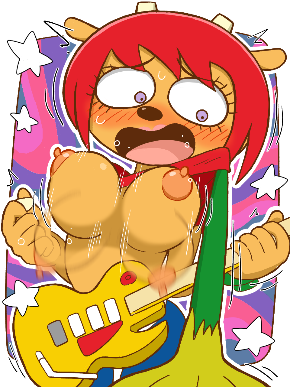 1girls, 2026, 2d, blush, blush lines, blushing, blushing female, bodily fluids, breasts, breasts out, embarrassed, female, flustered, guitar, hair, ketsumoa, lammy lamb, nipples, parappa the rapper, purple eyes, red hair, shirt lift, solo, sweat, um jammer lammy