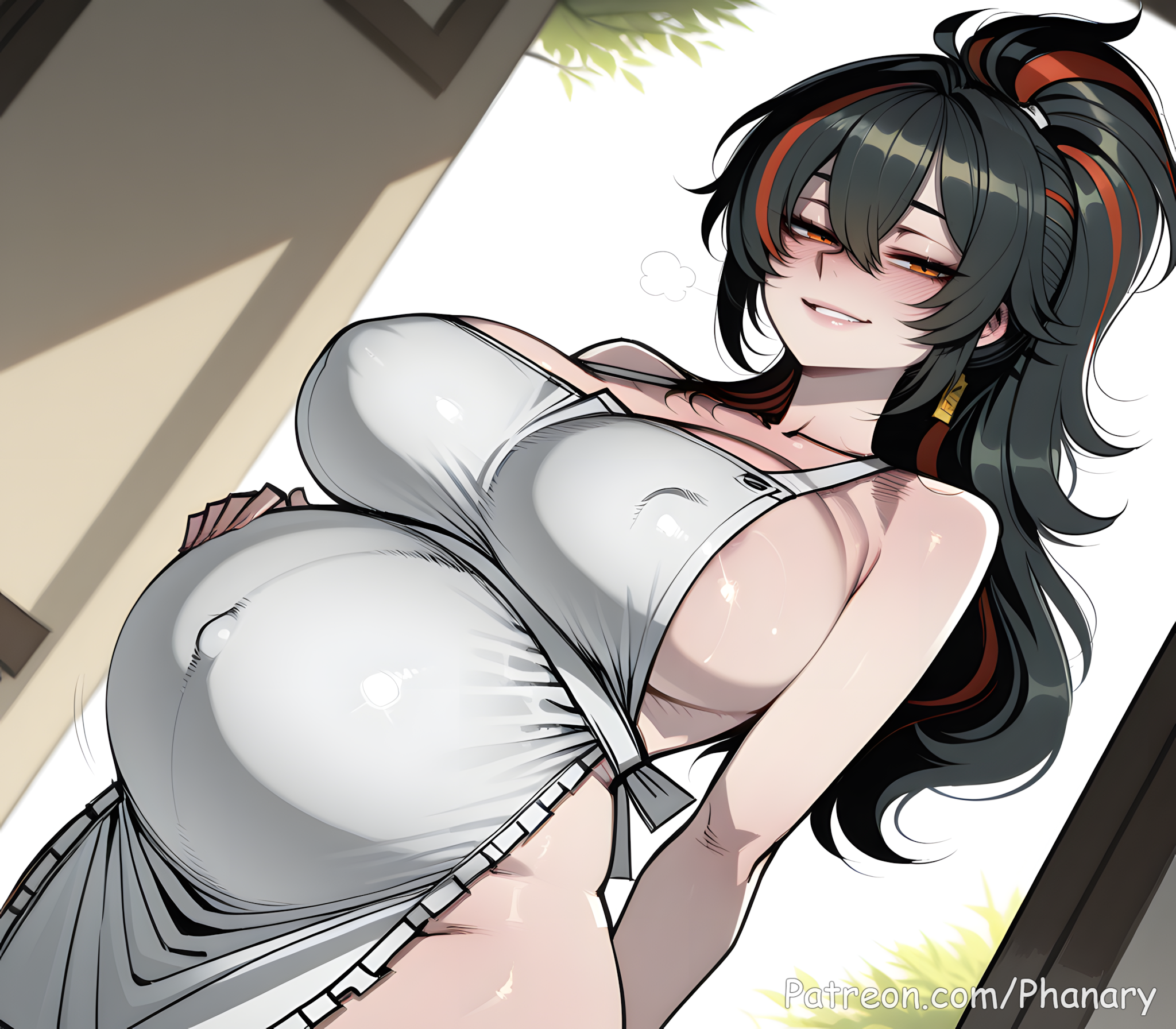 1girls, 2026, absurdres, ai generated, anime, anime style, apron, arm behind back, bare shoulders, big ass, big belly, big breasts, big butt, black hair, blurred background, blush, blush lines, blushing, blushing female, breasts, bubble ass, bubble butt, child bearing hips, collarbone, cover page, covered nipples, crazy, crazy female, curvy, curvy body, curvy female, curvy figure, curvy hips, curvy thighs, digital art, digital painting, dutch angle, earrings, grin, hair between eyes, hand on own stomach, high ponytail, highres, hoyoverse, huge breasts, jewelry, large ass, large breasts, line art, long comic, long hair, looking at viewer, manga style, mihoyo, mihoyo technology (shanghai) co. ltd., mommy, mommy dom, mommy kink, multicolored hair, multiple panels, naked apron, orange eyes, parted lips, patreon, patreon link, patreon username, phanary, ponytail, pregnant, red hair, sideboob, smile, soft shading, solo, solo focus, streaked hair, thick, tsundere, two-tone hair, white apron, wide hips, zenless zone zero, zhu yuan