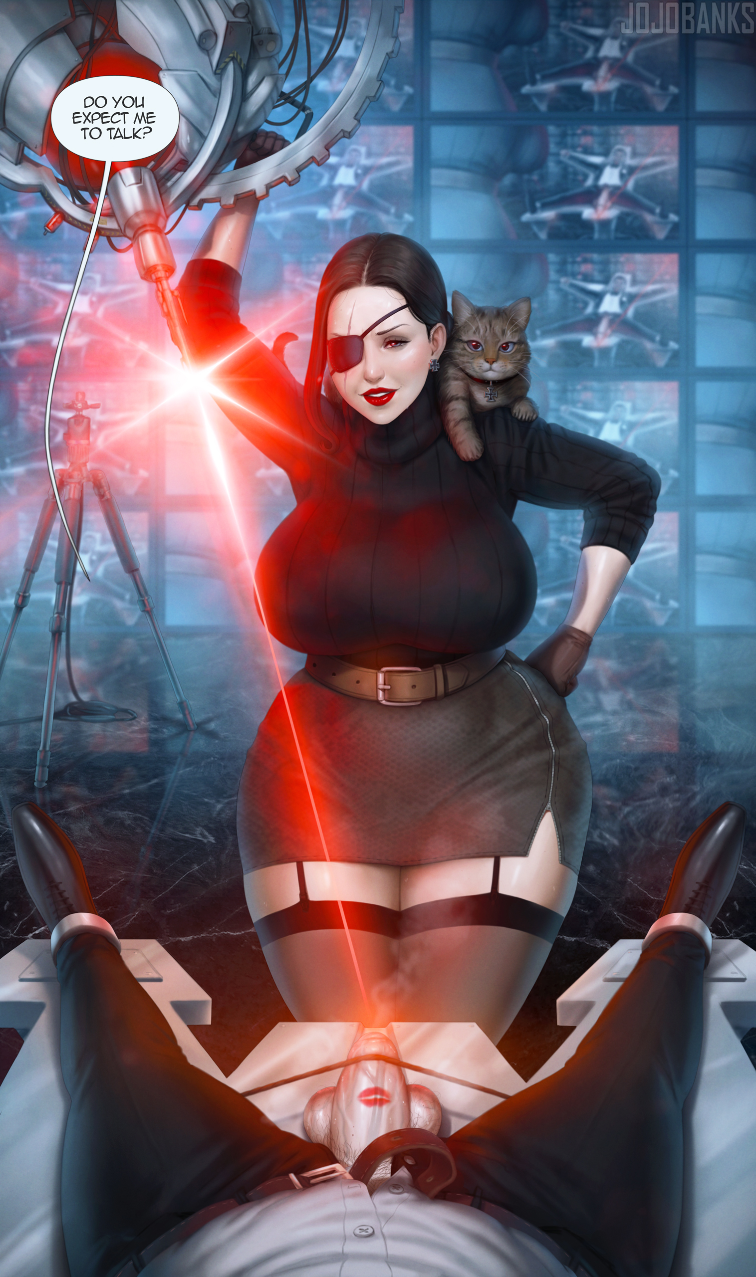 007, big balls, big breasts, big penis, bound, bound ankles, bound arms, cat, curvaceous, curvaceous body, curvy body, curvy female, english, english text, eyepatch, fanart, femdom, foreskin, james bond, james bond (series), jojobanks, kiss mark, laser, lipstick mark, lipstick mark on penis, looking at viewer, milf, milf body, original character, partial male, pov, pov eye contact, red lipstick, skirt, speech bubble, stockings, thick hips, thick legs, thick penis, thick thighs, thighhighs, tight clothes, tight clothing, turtleneck, turtleneck sweater, uncut, uncut penis, veiny penis, villainess, voluptuous body, voluptuous female