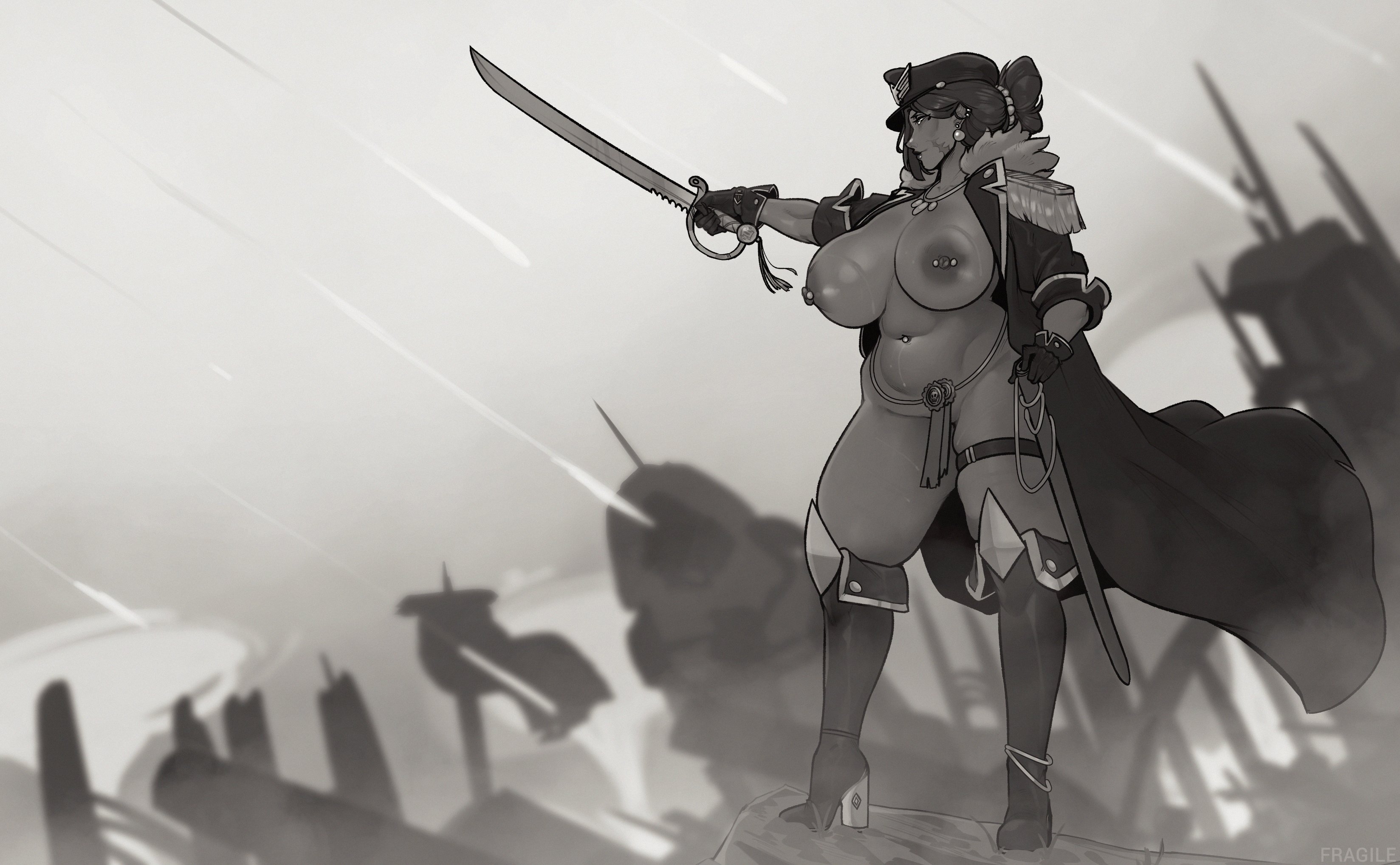 1girls, 2d, astra militarum, big breasts, boots, coat, commissar, covered pussy, exposed breasts, female, functionally nude, imperial guard, imperium of man, itsnotfragile, mature female, monochrome, naked footwear, nipple piercing, older female, pierced belly button, pierced navel, pierced nipples, purity seal, suchiru (itsnotfragile), sword, tagme, thick thighs, uniform, warhammer (franchise), warhammer 40k