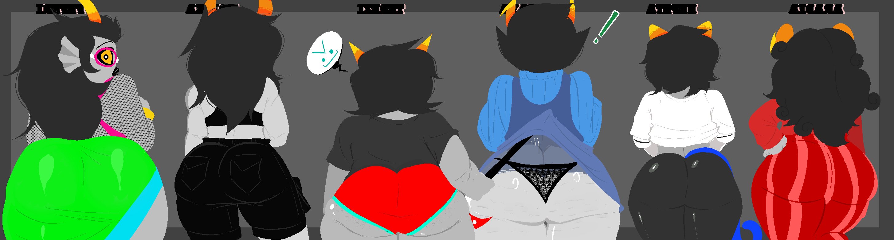 2026, 6girls, alien, alien female, alien girl, animal ears, aradia megido, ass, ass chart, ass focus, big ass, black hair, black lace panties, black lips, black pants, bubble butt, butt focus, cat ears, chart, chubby, chubby female, clothing, curly hair, curvy, curvy female, digital media (artwork), dress, exaggerated anatomy, feferi peixes, female, female focus, female only, fishnets, from behind, green clothing, grey background, grey body, grey skin, group, hand on hip, height difference, homestuck, homestuck troll, horn, huge ass, itsjustsarco, kanaya maryam, large butt, lifting dress, lineup, lips, long hair, looking at viewer, looking back, massive ass, ms paint adventures, multiple girls, nepeta leijon, orange horns, pale skin, pale-skinned female, panties, pick your poison, presenting, red clothing, shiny, shiny clothing, shocked, short female, short hair, simple background, smile, smiley face, standing, striped pants, sweat, sweating, sweaty, sweaty ass, sweaty body, tail, tall female, taller female, teasing, terezi pyrope, text, thick, thick thighs, voluptuous, vriska serket, wide hips, yellow sclera
