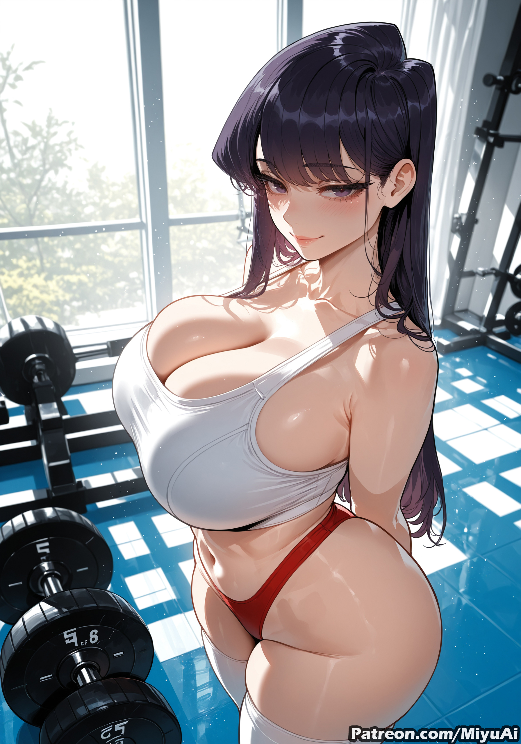 1girl, ai assisted, ai generated, bangs, bare shoulders, black hair, blush, breasts, cleavage, collarbone, curvaceous, curvy, curvy female, curvy figure, eyebrows visible through hair, female, komi shouko, komi-san wa komyushou desu, large breasts, long hair, looking at viewer, miyuai, navel, smile, solo, thick, thick ass, thick butt, thick hips, thick legs, thick thighs, thighhighs, thighs, voluptuous, voluptuous female, white legwear, wide hips, wide thighs, window