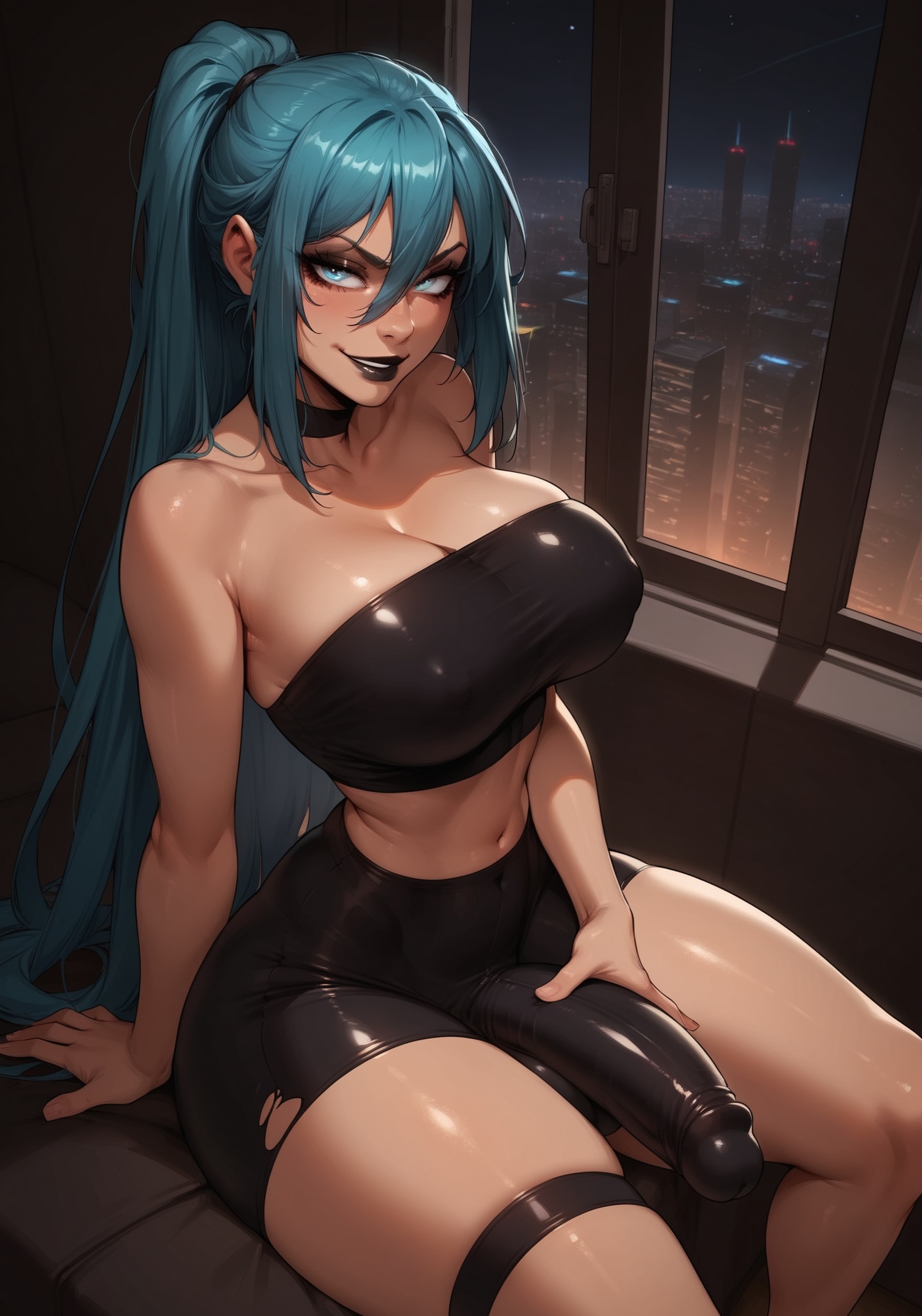 1futa, 1futanari, ai generated, ass, big ass, big breasts, big butt, big hips, big penis, blue eyes, blue hair, blush, breasts, character request, cleavage, clothed, clothing, dick, dickgirl, eyebrows, eyelashes, futa only, futanari, grin, grinning, grinning at viewer, hair, hands-free, huge cock, imminent fellatio, imminent oral, indoors, latex, lips, long hair, looking at viewer, makeup, milf hunting in another world, narrow waist, narrowed eyes, nose, penis, pent up, seducing, seductive, seductive eyes, seductive gaze, seductive look, seductive mouth, seductive pose, seductive smile, smile, smile at viewer, smiley face, smooth balls, smooth penis, smooth skin, solo, solo dickgirl, solo focus, solo futa, solo futanari, testicles, throbbing penis, velonix, webtoon