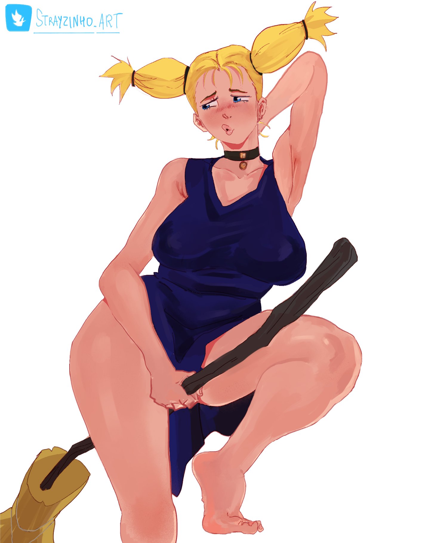 armpit, armpit crease, armpit fetish, armpit peek, armpits, arms behind back, arms up, big boobs, big breasts, blonde hair, blue eyes, boobs, breasts, broom, broom riding, jujutsu kaisen, large breasts, nishimiya momo, solo, solo female, solo focus, strayzinhoart, thick thighs, thighs, tight clothing, twintails, witch broom